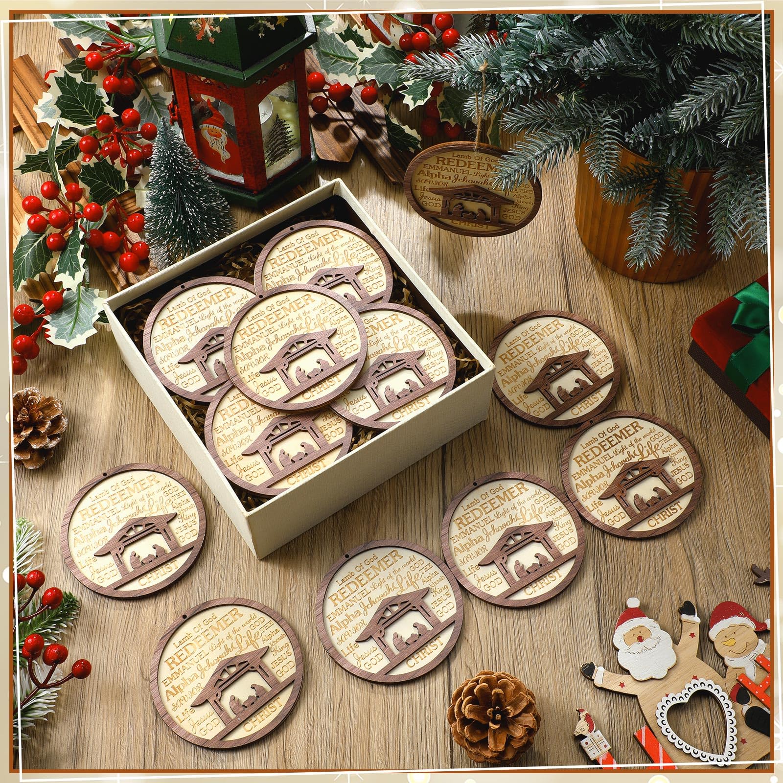 CroBlissful 48 Pack Christmas Nativity Scene Ornaments Bulk Wooden Christian Religious Catholic Gifts Nativity Story Jesus Mary