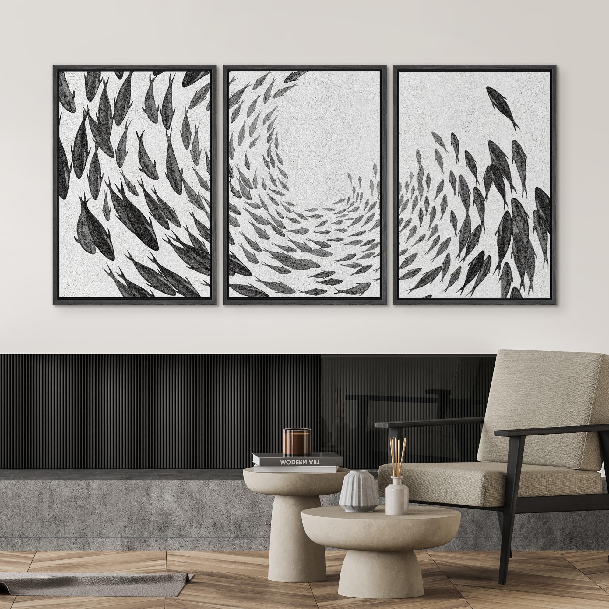 Signwin Framed Canvas Print Wall Art Swirling School Of Fish Abstract Shapes Illustrations Modern Art Minimalist Black And White