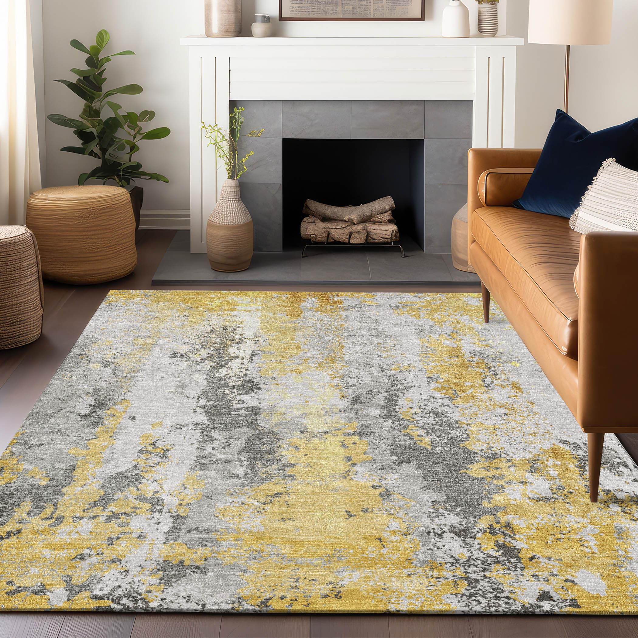 Machine Washable Indoor/Outdoor Chantille Yellow 8 x 10 Rug