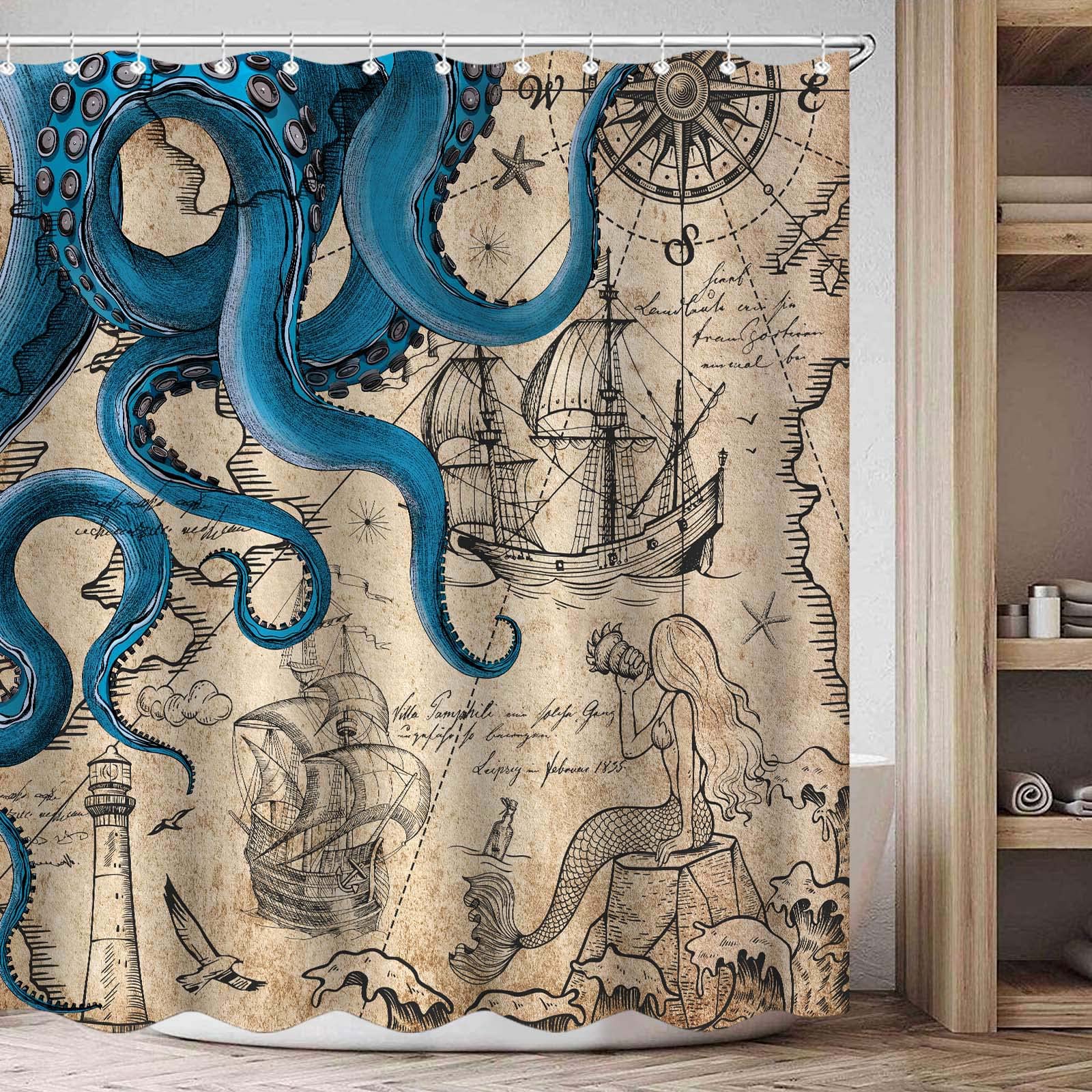 Fungarth Vintage Nautical Octopus Shower Curtain Navy Blue Mermaid Funny Ocean Kraken Shower Curtains For Bathroom Anchor Coasta