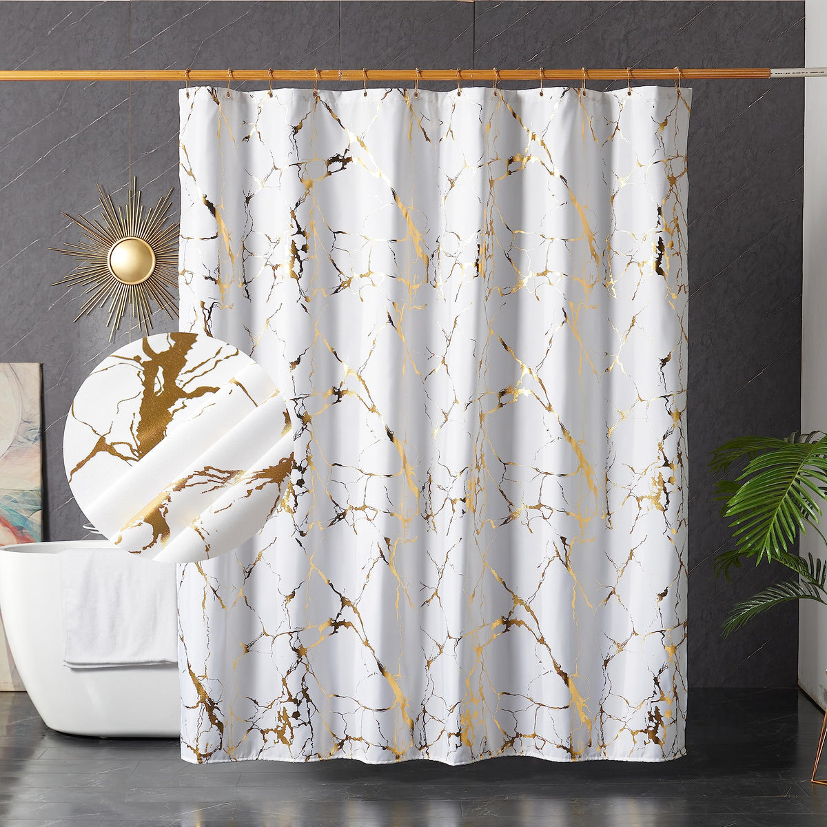 Hyawge White And Gold Marble Shower Curtains For Bathroom,Glitter Shower Curtain With Hooks,Unique Foil Gold Printed,Water Proof