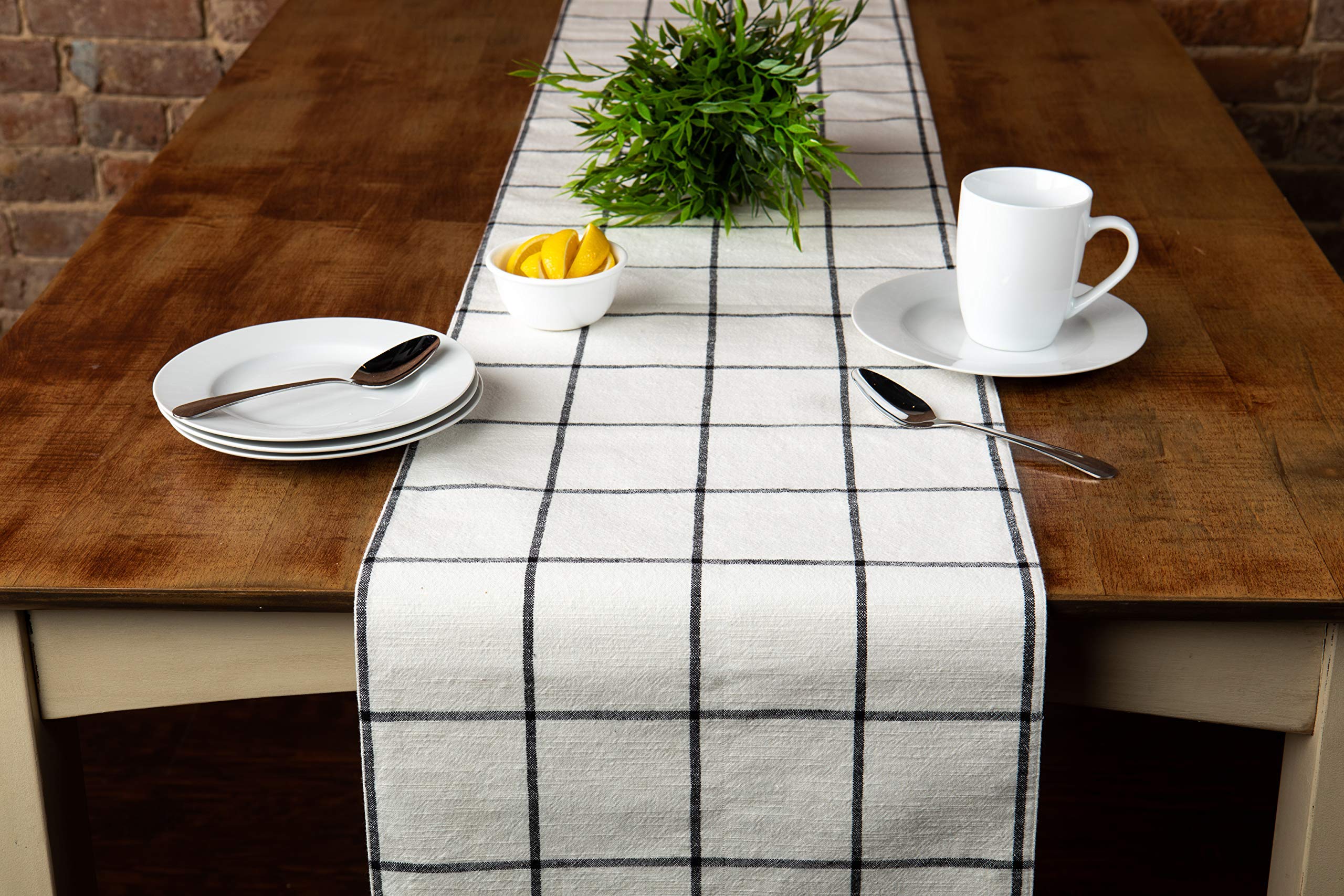 Table Runner Cotton Farmhouse Plaid 14 in x 72 in  Table D?cor for Kitchen or Dining  Cream Cloth Woven Table Runners  Oeko-Tex Cotton