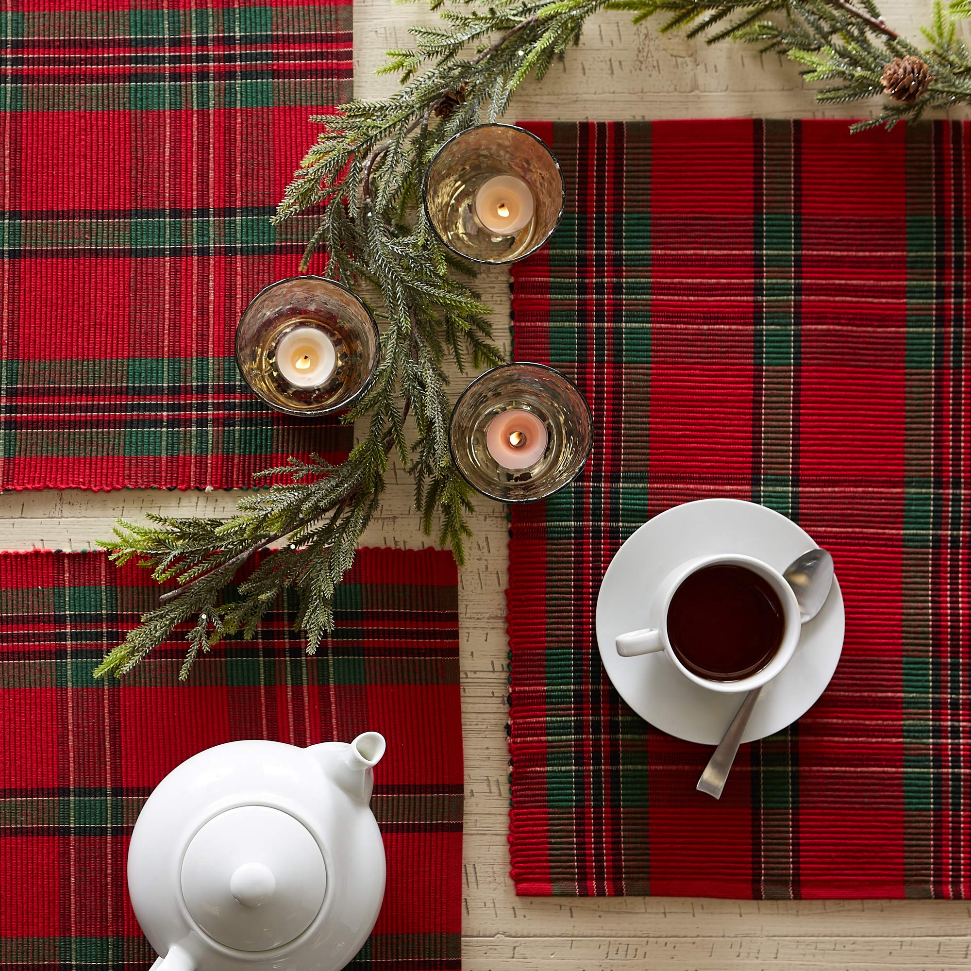 Dii Farmhouse Christmas Plaid Dining Table & Kitchen D  Cor, Holiday Placemat Set, 13X19, Red & Green, 6 Count