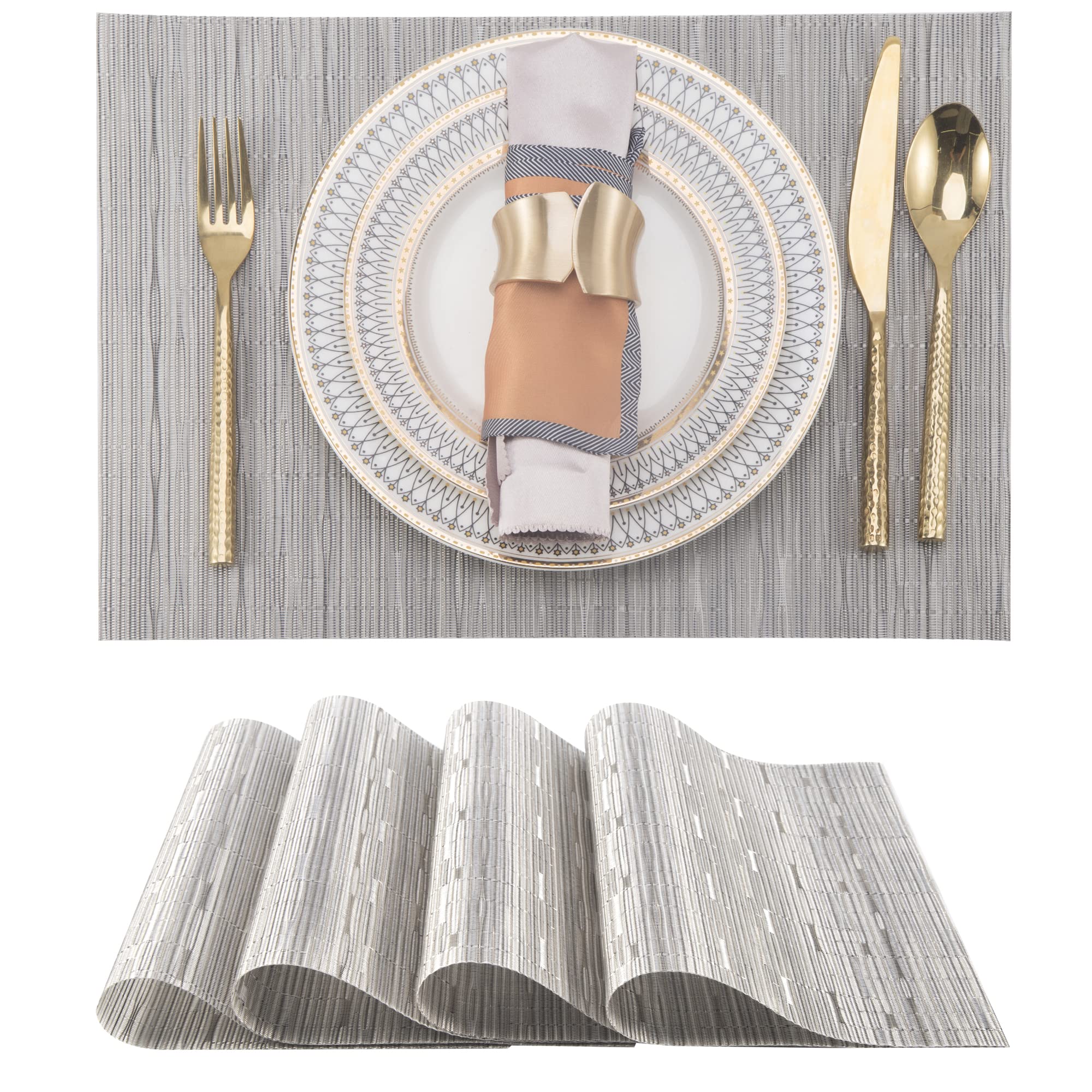 Slkqg Sliver Placemats Set Of 8 - Easy Clean Modern Durable Washable Vinyl Place Mats - Heat Resistant Placemats For Kitchen Tab
