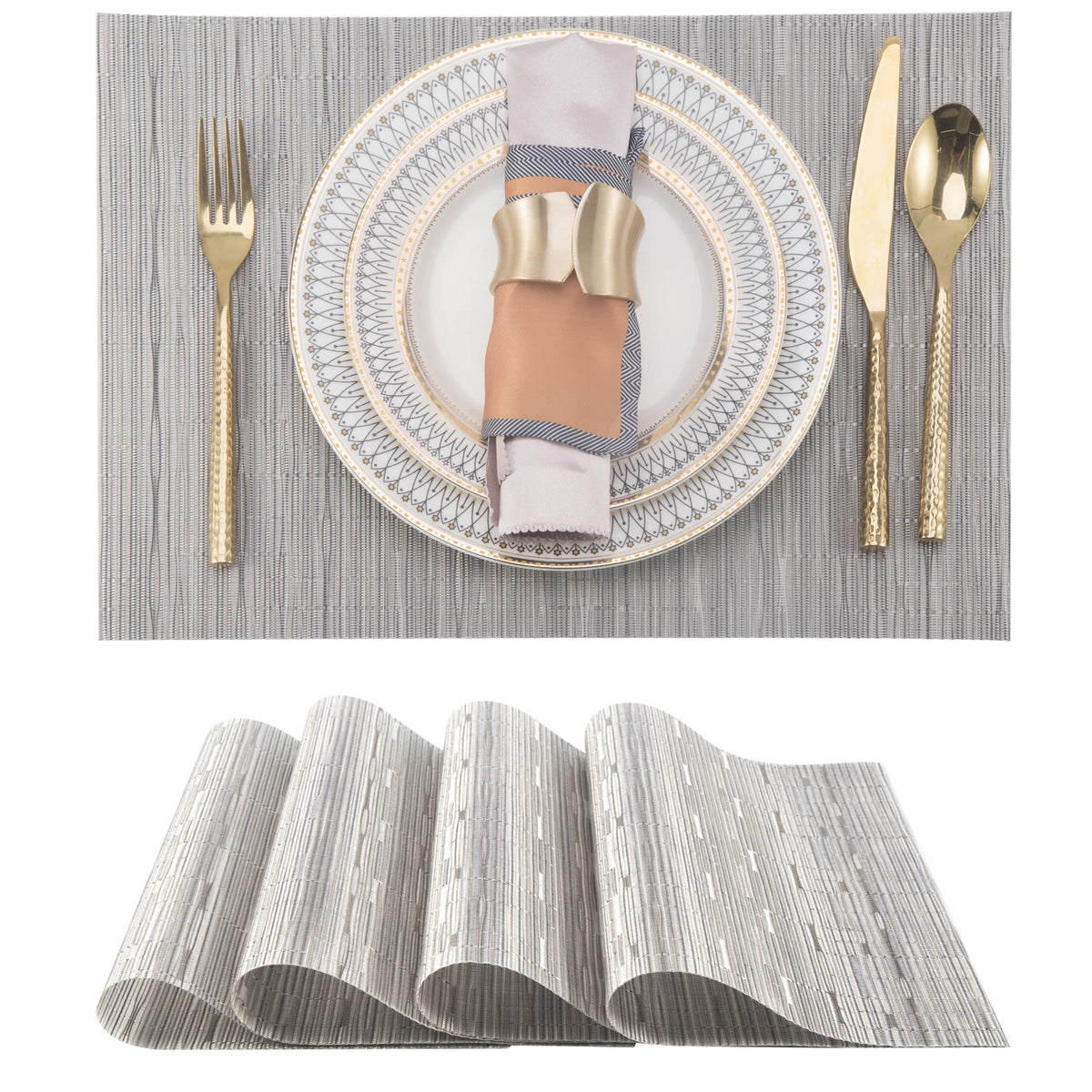 Slkqg Sliver Placemats Set Of 8 - Easy Clean Modern Durable Washable Vinyl Place Mats - Heat Resistant Placemats For Kitchen Tab