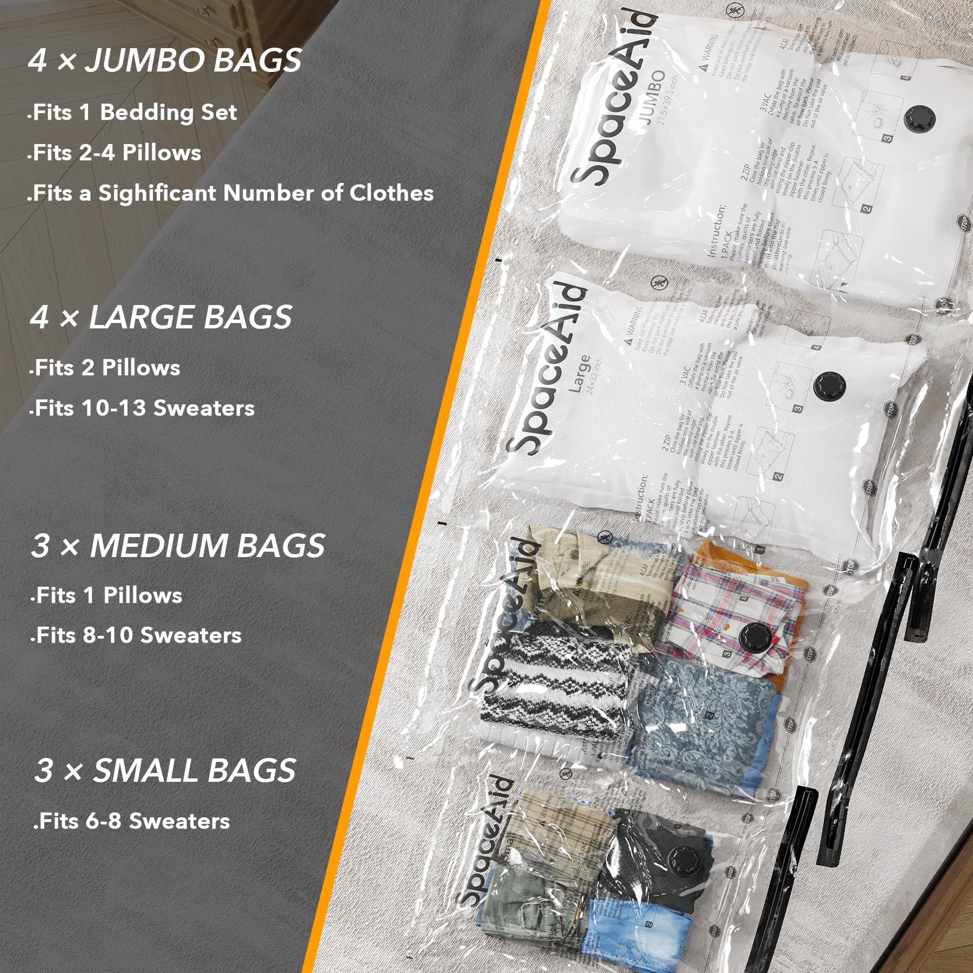 Spaceaid 14 Pack Vacuum Storage Bags With Electric Air Pump, Space Saver Sealer Compression Bags For Comforters, Blankets, Pillo