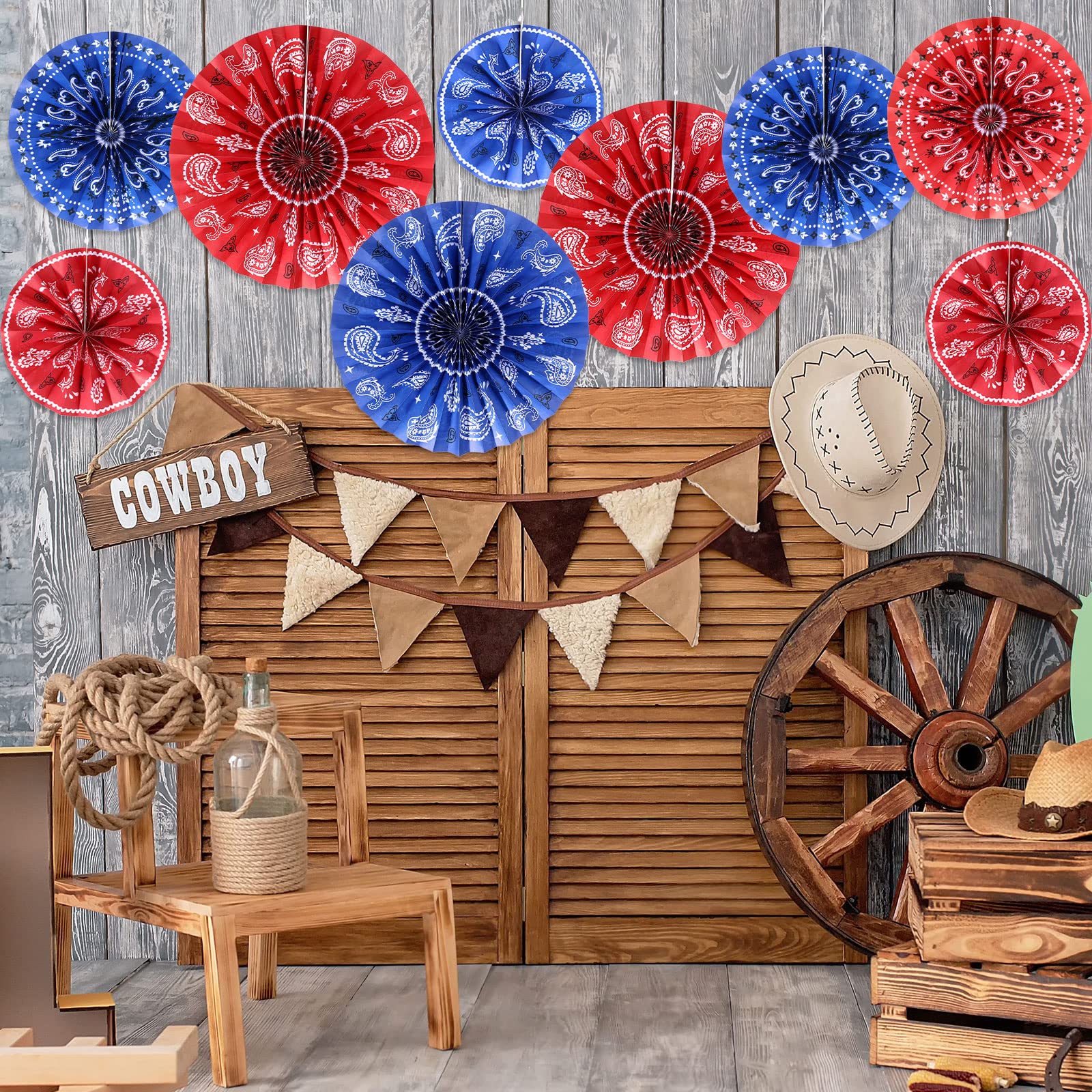 Outus 9 Pcs Bandana Hanging Paper Fans Decorations Wild West Paper Fans Classroom Decorations Western Themed Ceiling Wall Garlan