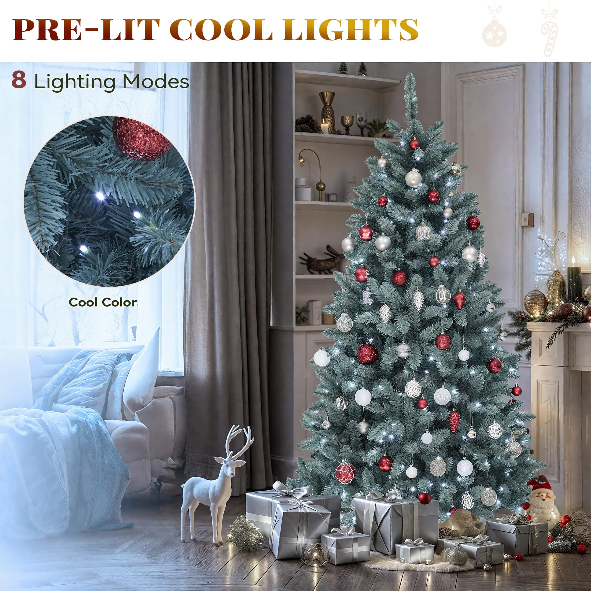 YITAHOME Prelit Blue Spruce Christmas Tree, 6 FT Pre-Lit Artificial Hinged Christmas Tree with 880 Tips and 450 Cold-White Light