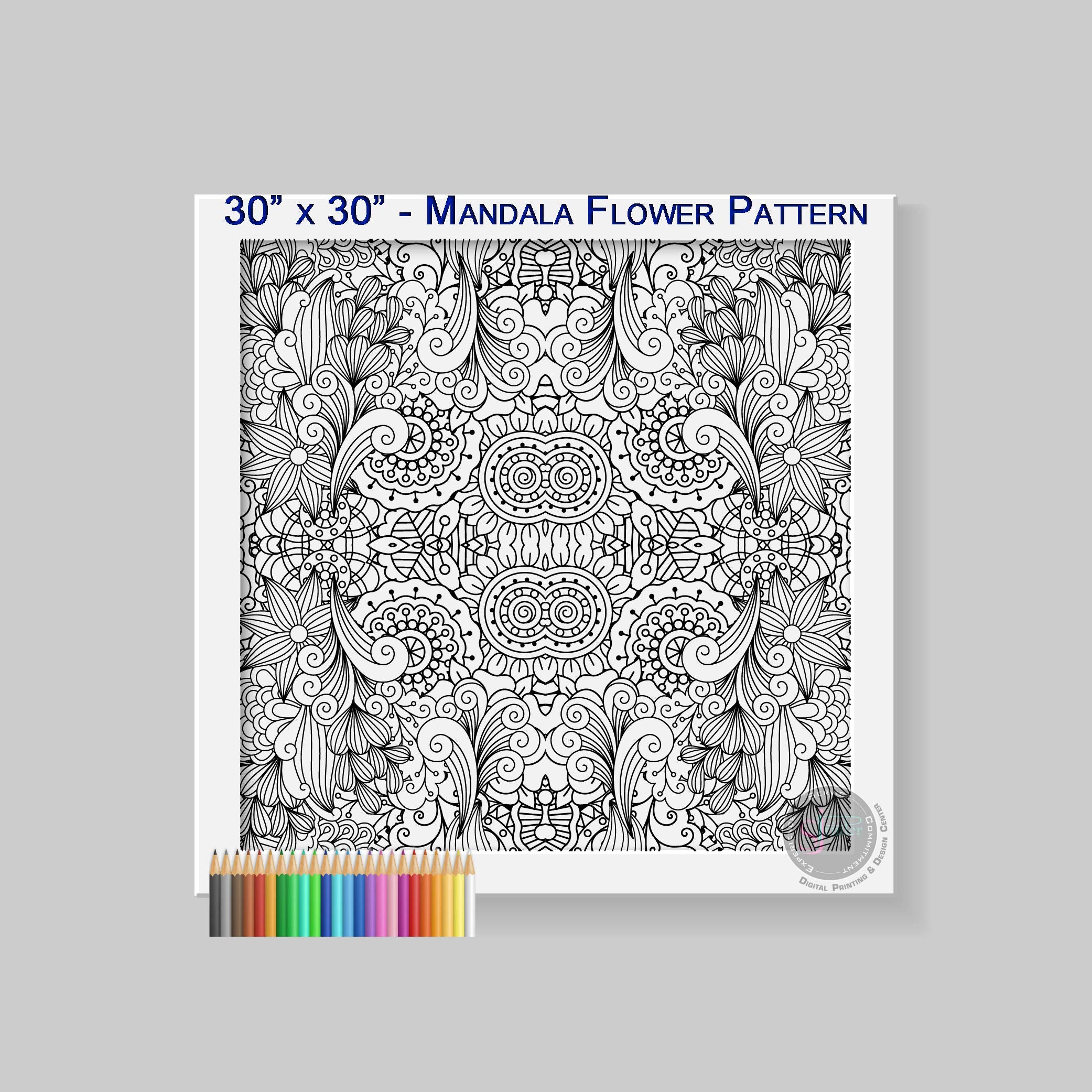 SJPRINTER Giant Coloring Poster - Square Flower Mandala, 30"x30", Paper - Ideal for Kids, Adults, Schools, and Family Activities