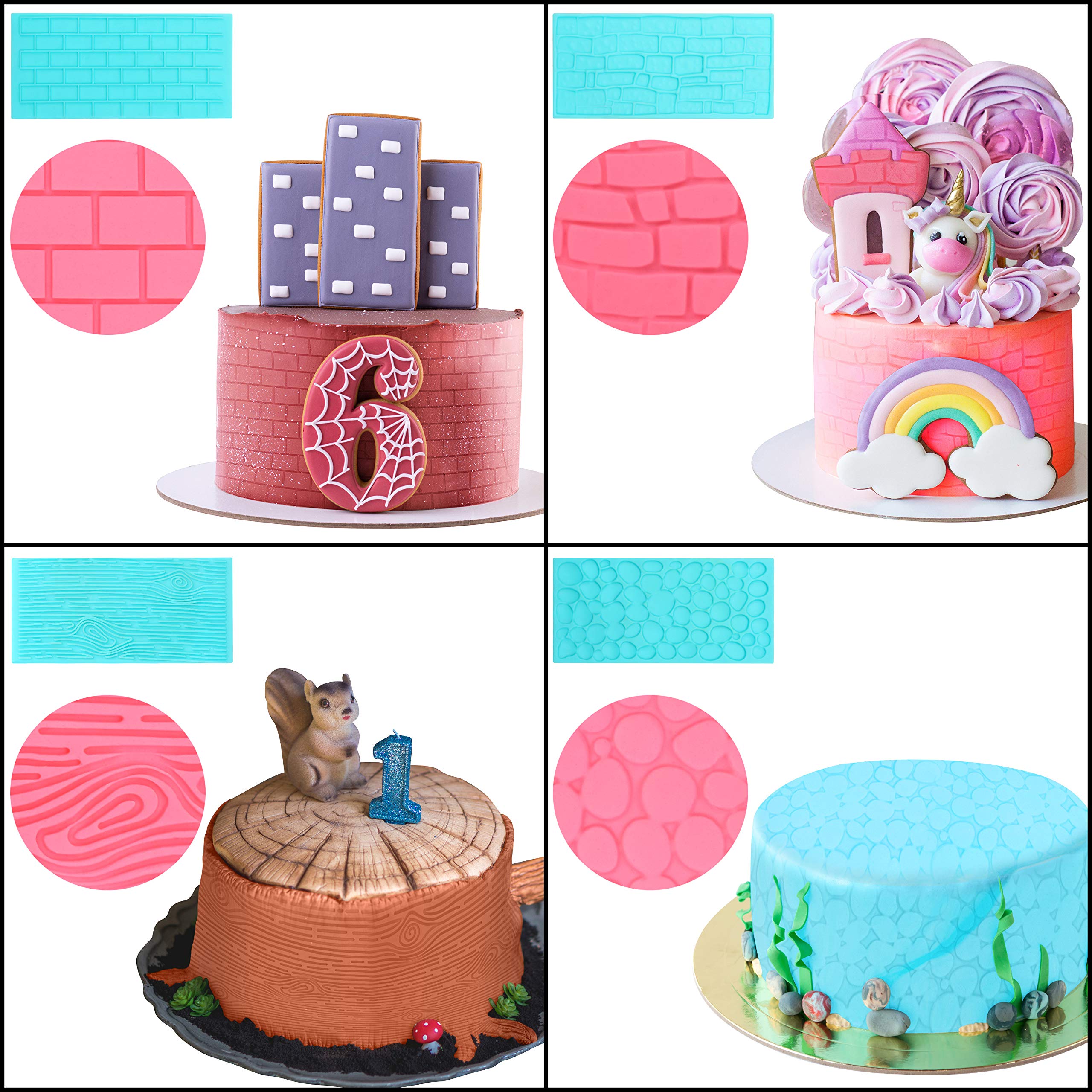 Kurtzy 4 Pack Plastic Embossing Fondant Icing Chocolate Cake Set - Brick, Wood, Cobble And Pebble Stone Designs - Blue 3D Decora