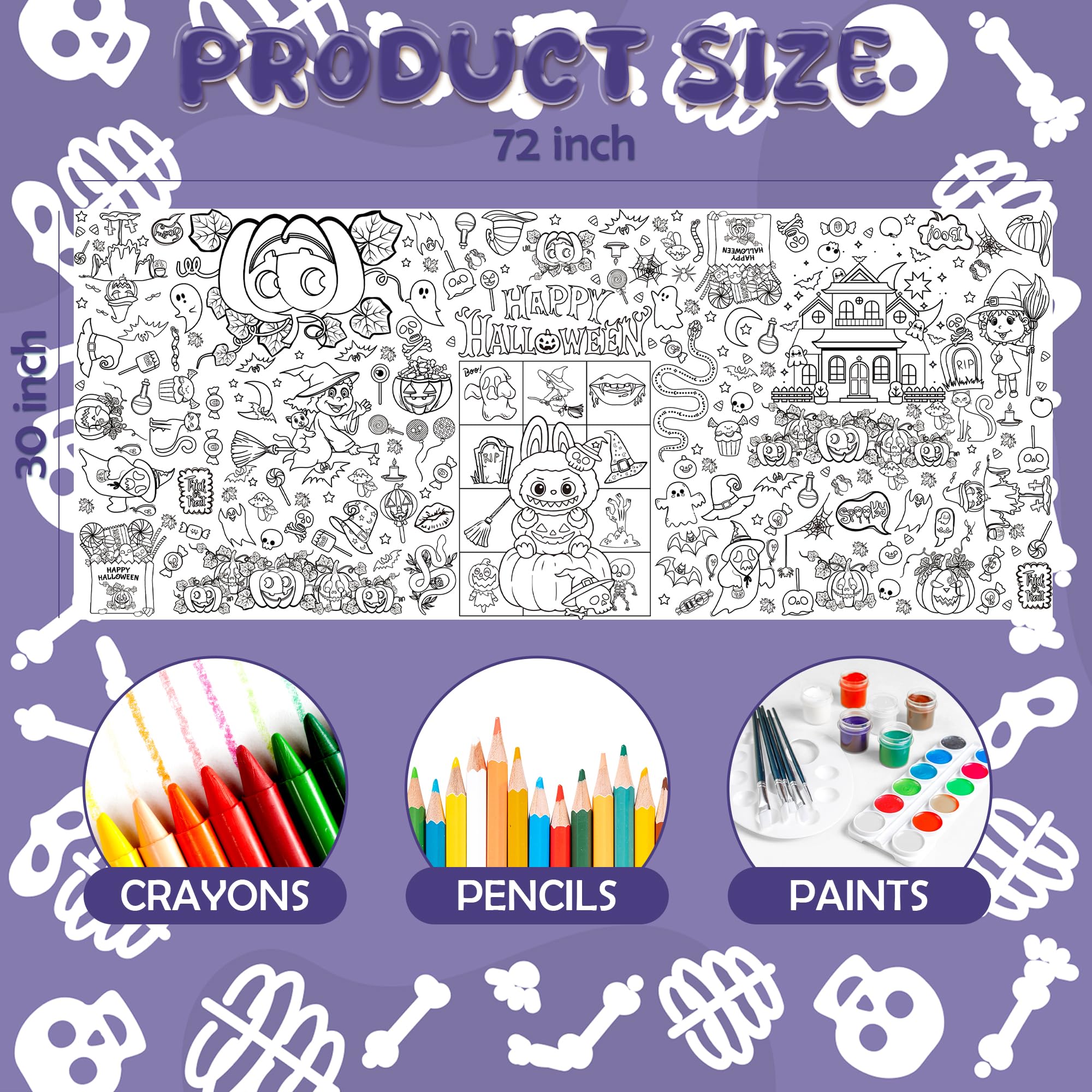 JXSDWANG Halloween Giant Coloring Tablecloth,Halloween Crafts for Kids - 72x30 Inches, Paper Coloring Banner Games Activities Gi
