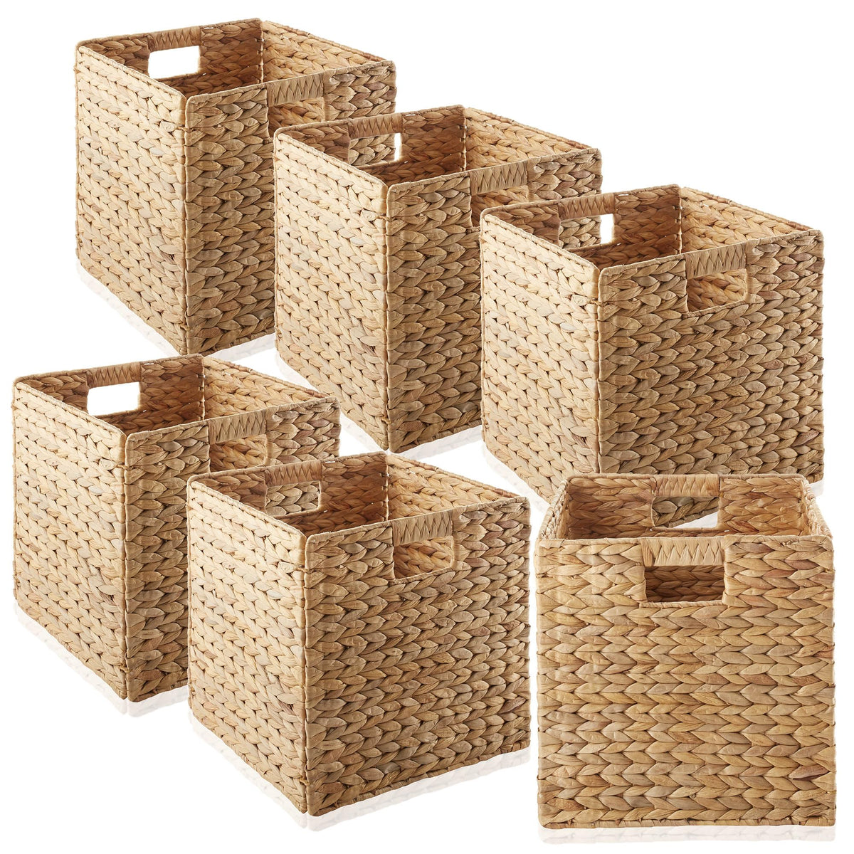 Casafield 12'' X 12'' Water Hyacinth Storage Baskets, Natural - Set Of 6 Collapsible Cube Organizers, Woven Bins For Bathroom, B