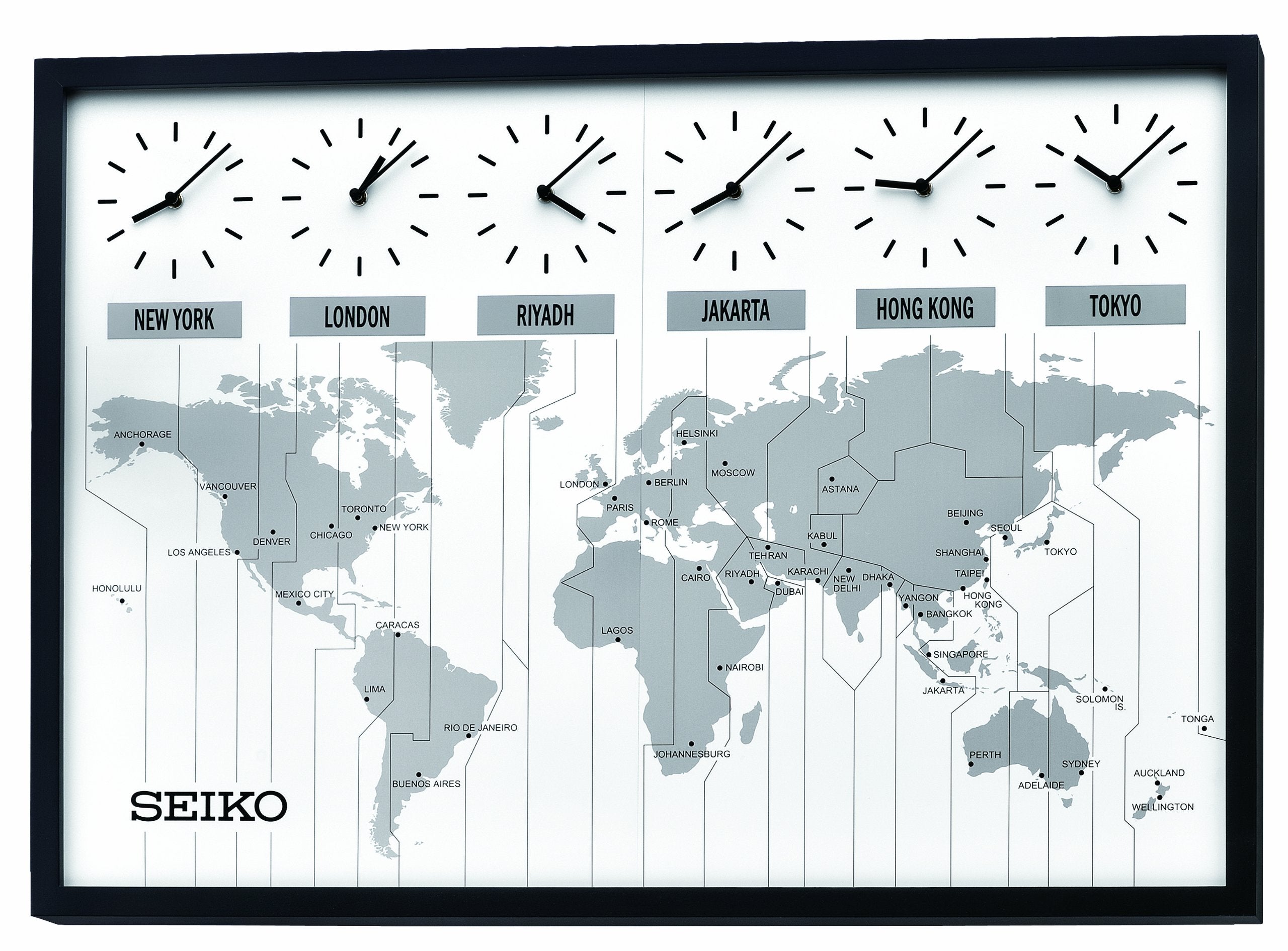 Seiko Qxa538Klh Classic Six City World Time Wall Clock With Wooden Case ( 23 1/2 X 33 1/2 X 2 1/4 , Silver )