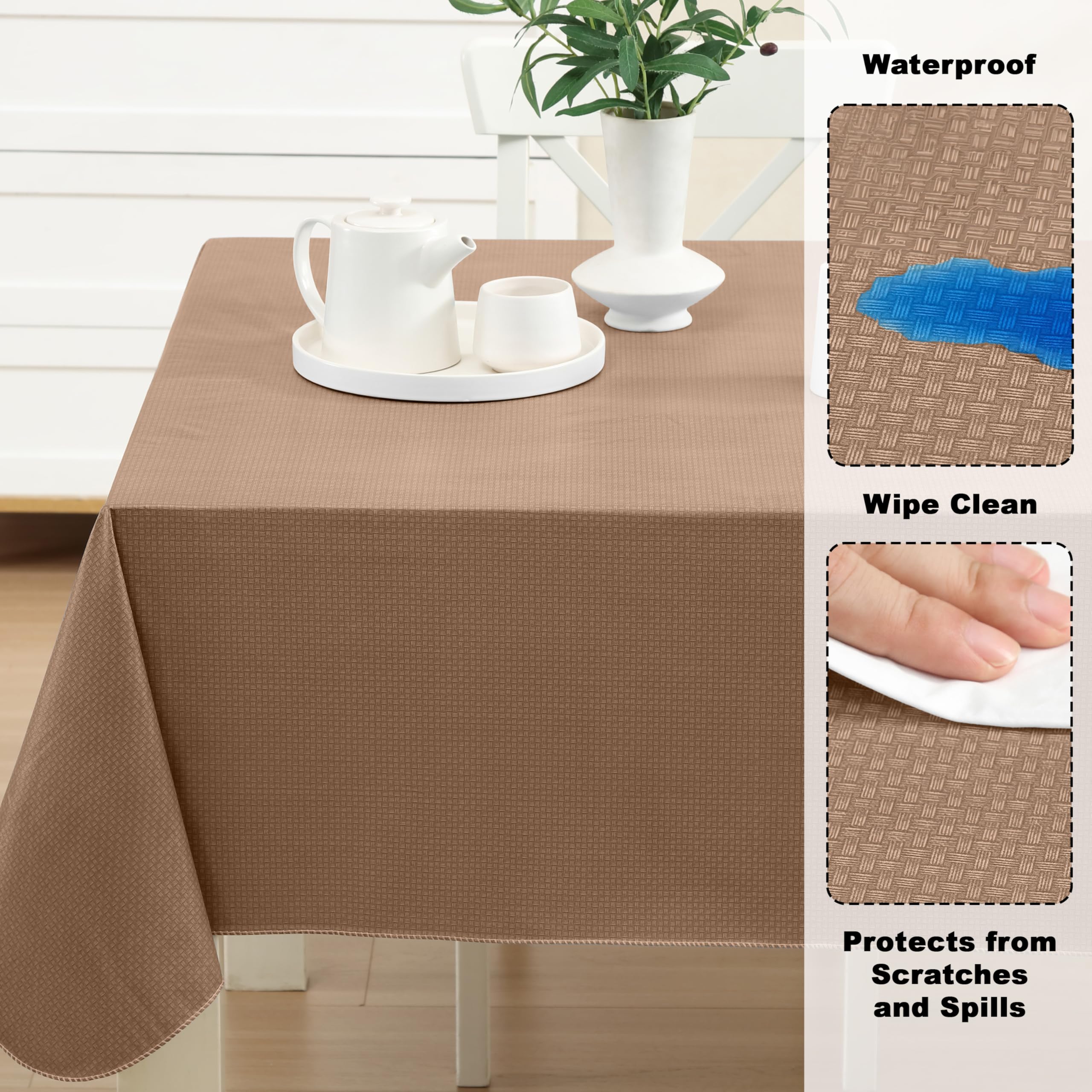Newbridge Basketweave Solid Color Vinyl Flannel Backed Tablecloth  Basket Weave Textured Look Indoor/Outdoor Waterproof Tablecloth  Patio and Kitchen Dining  52 Inch x 70 Inch Oblong/Rectangle  Taupe