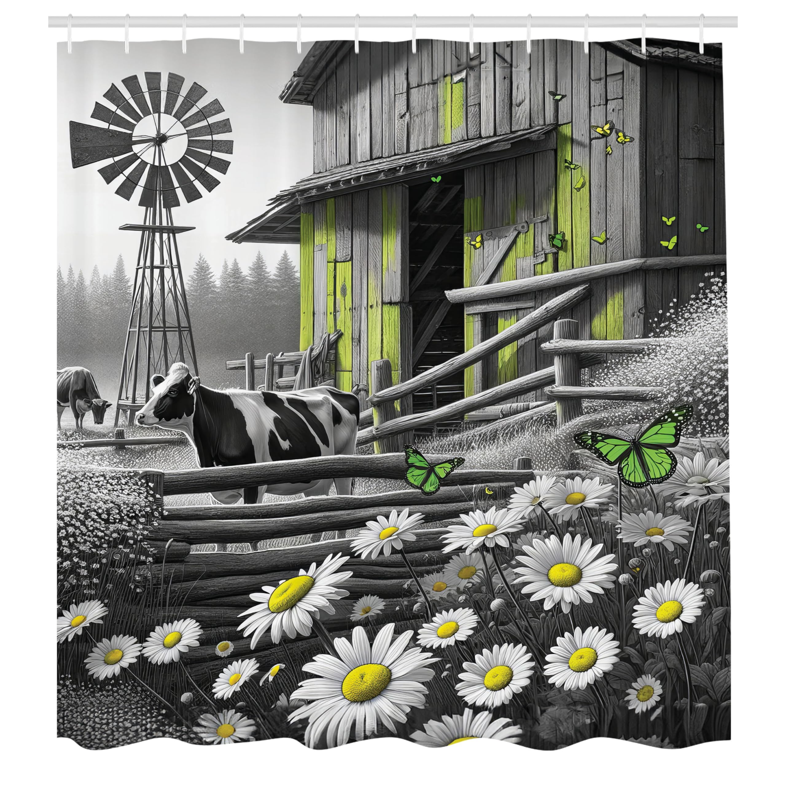 Ambesonne Farmhouse Shower Curtain, Black And White Effect Barn With Cow And Butterflies Farm Life Windmill, Cloth Fabric Bathro