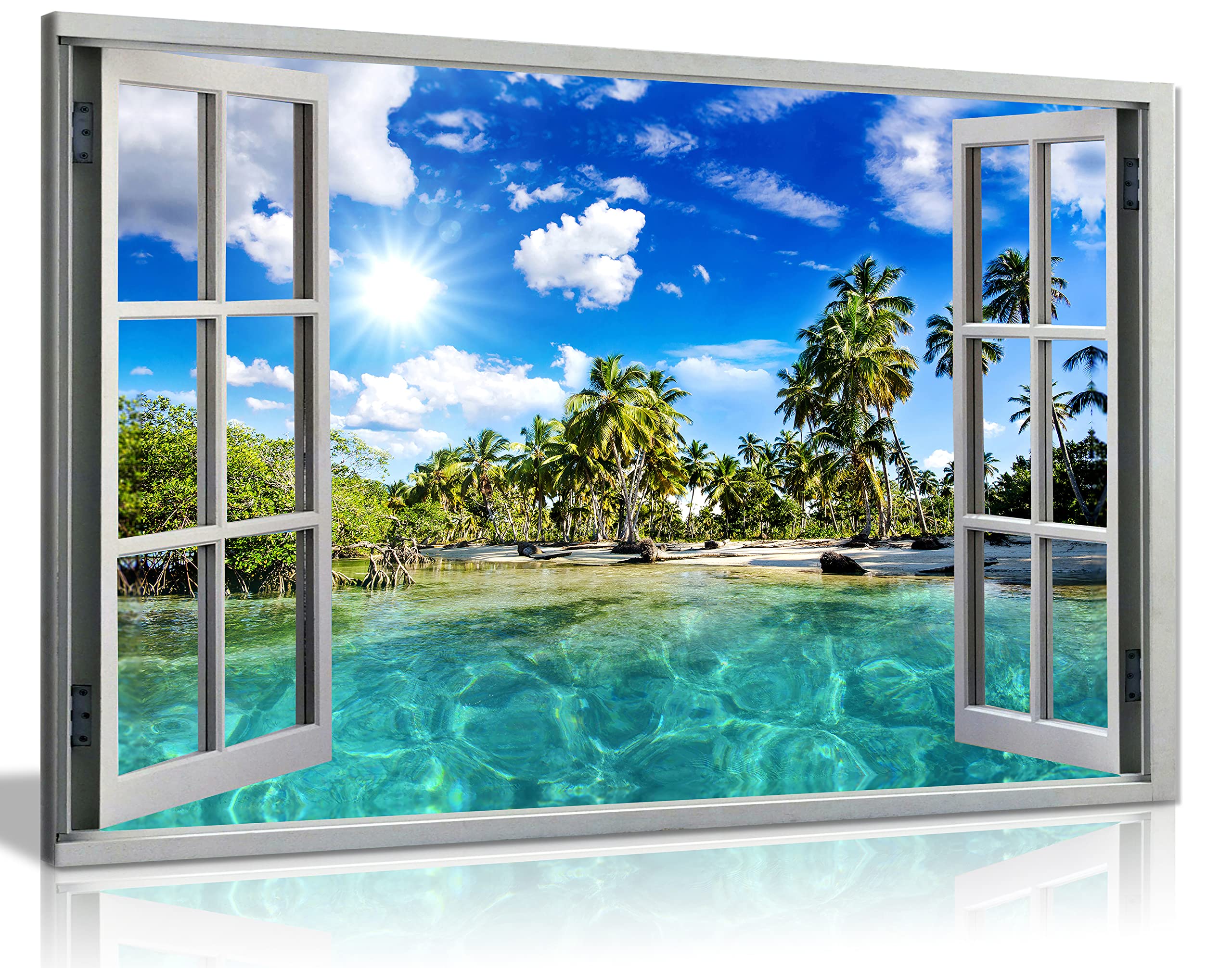 Caribbean Beach Holiday 3D Window Effect Canvas Wall Art Picture Print (18X12)