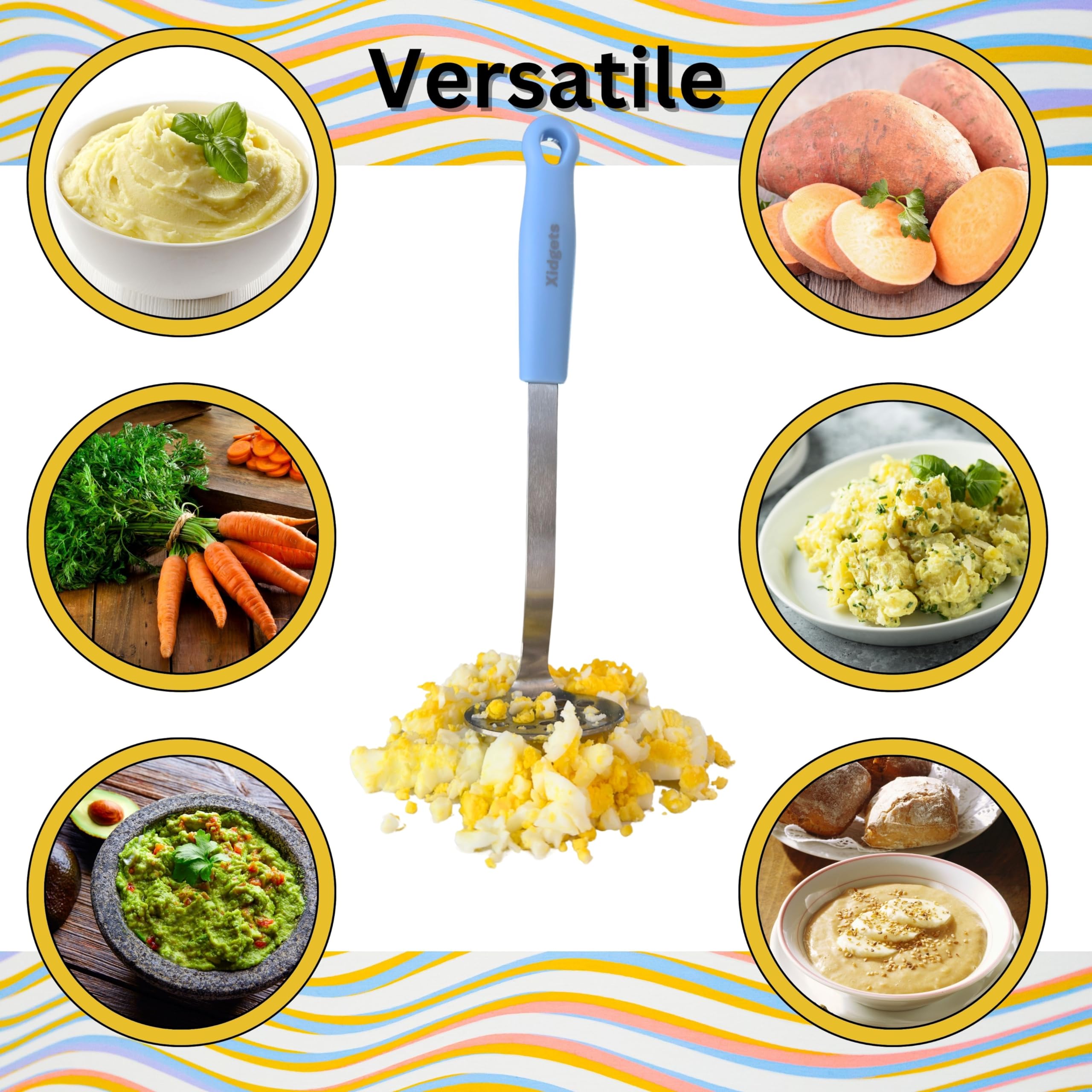 Medium Small Potato Masher Egg & Avocado Masher. Sturdy Design, Comfortable Grip, Dishwasher Safe. Stainless Steel, Lightweight