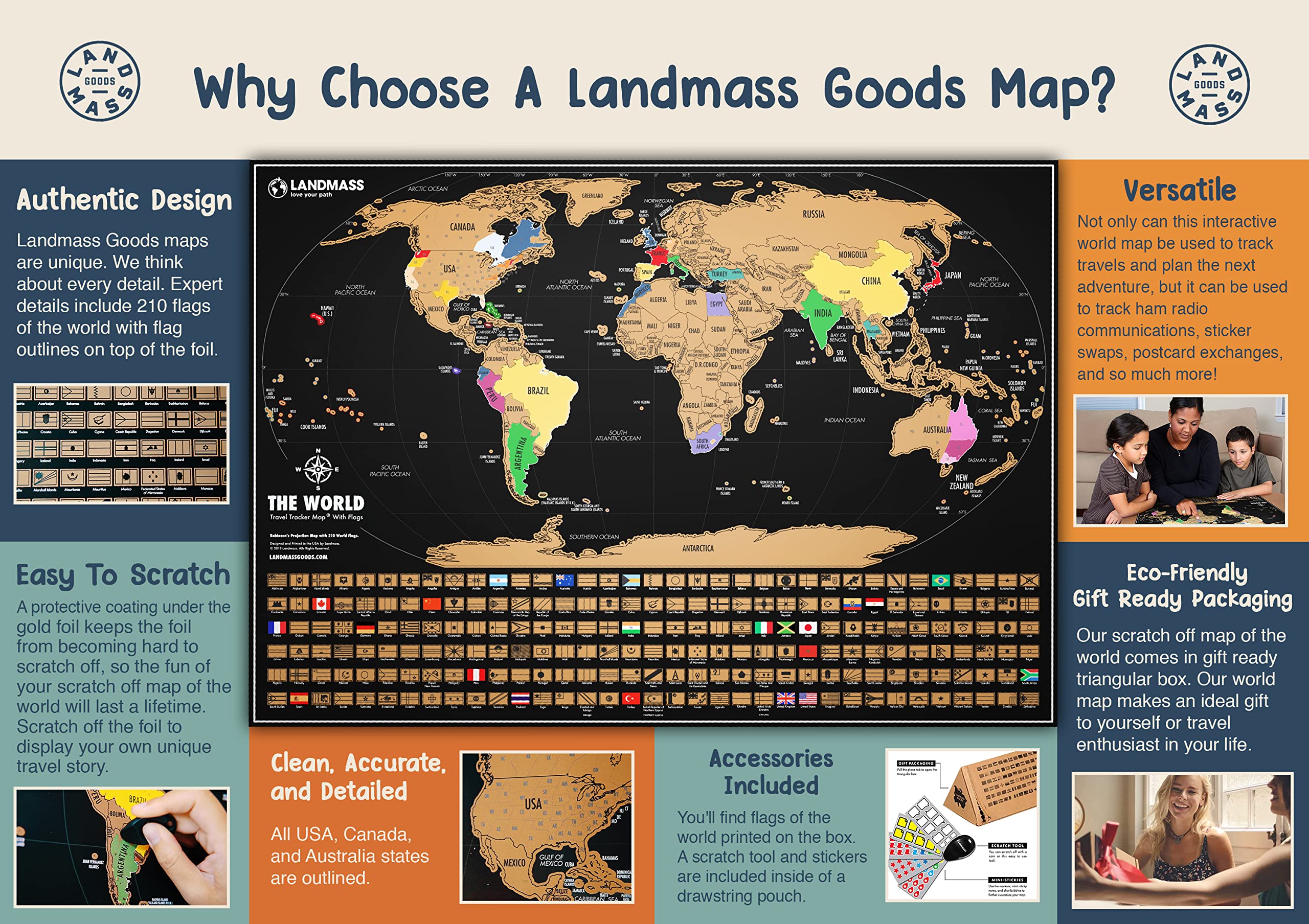 Landmass Scratch Off World Map, Deluxe Travel Tracker Map Poster With Flags, Detailed Cartography, Map Of The World, Gift Idea F