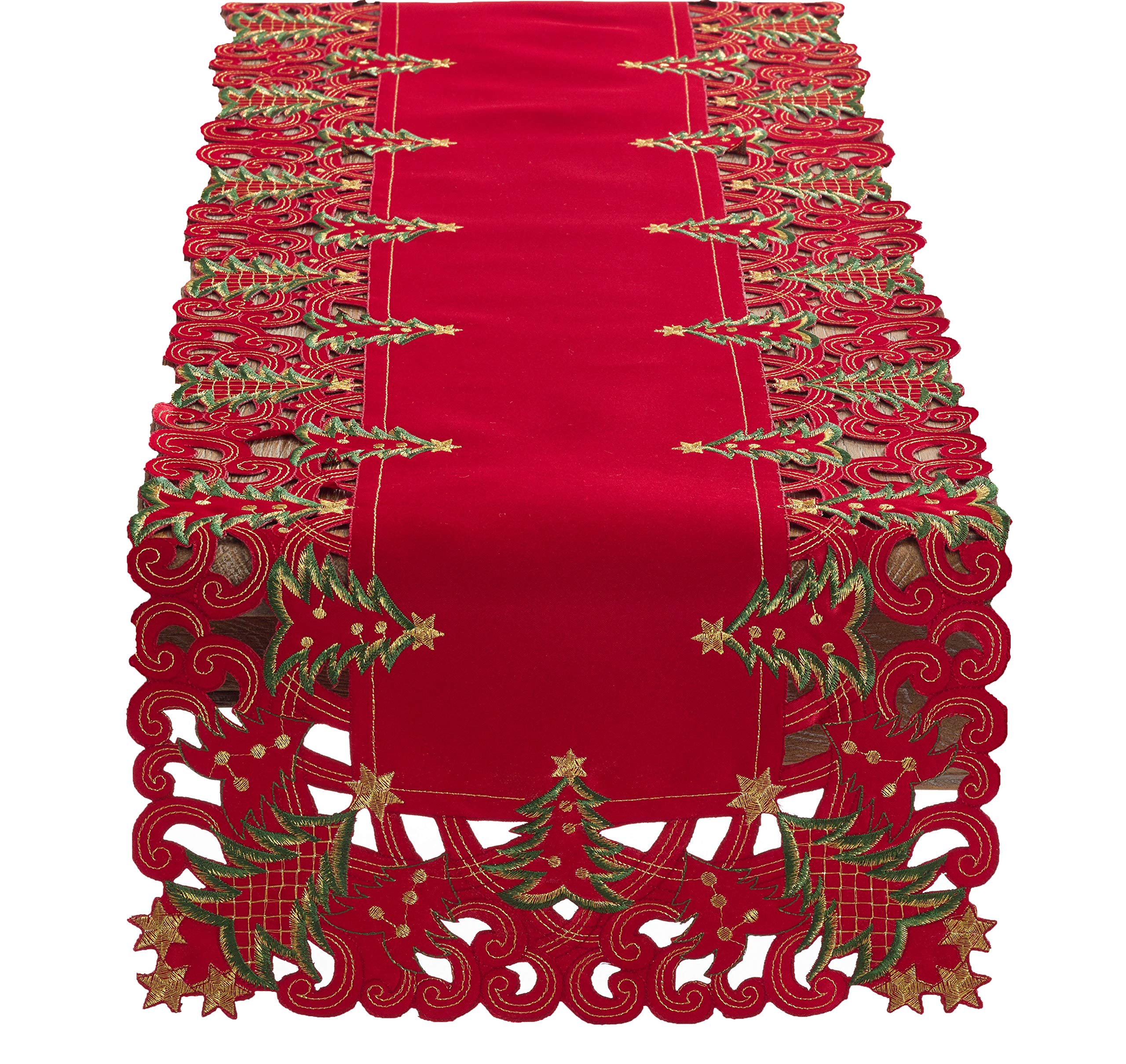 Fennco Styles Pandoro Collection Holiday Embroidered Christmas Tree Cutwork Border 16 x 90 Inch Table Runner  Red Table Runner 