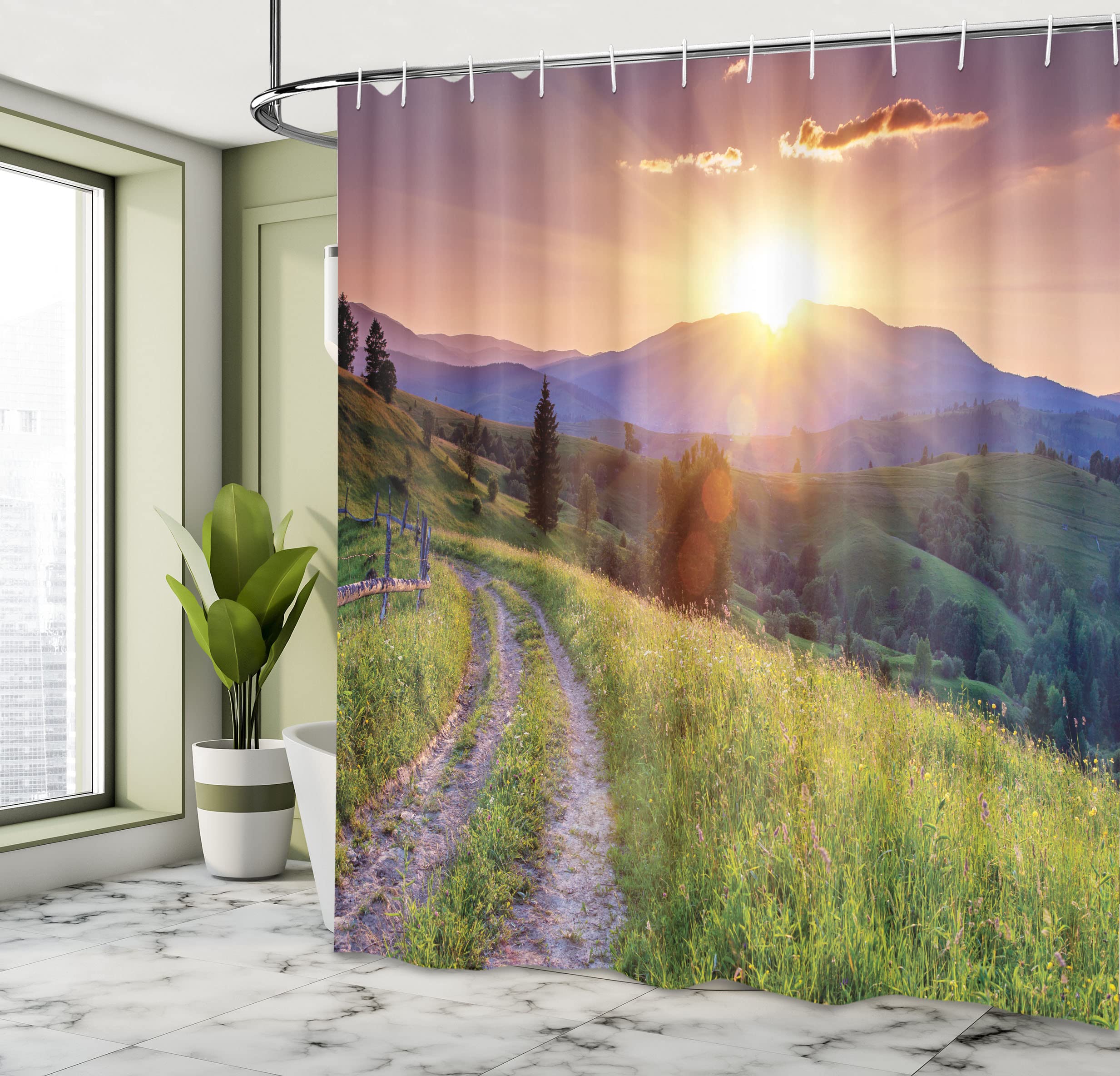 Ambesonne Landscape Shower Curtain, Sunset In The Mountain Landscape Rural Road Forest Countryside Wonderland Print, Cloth Fabri