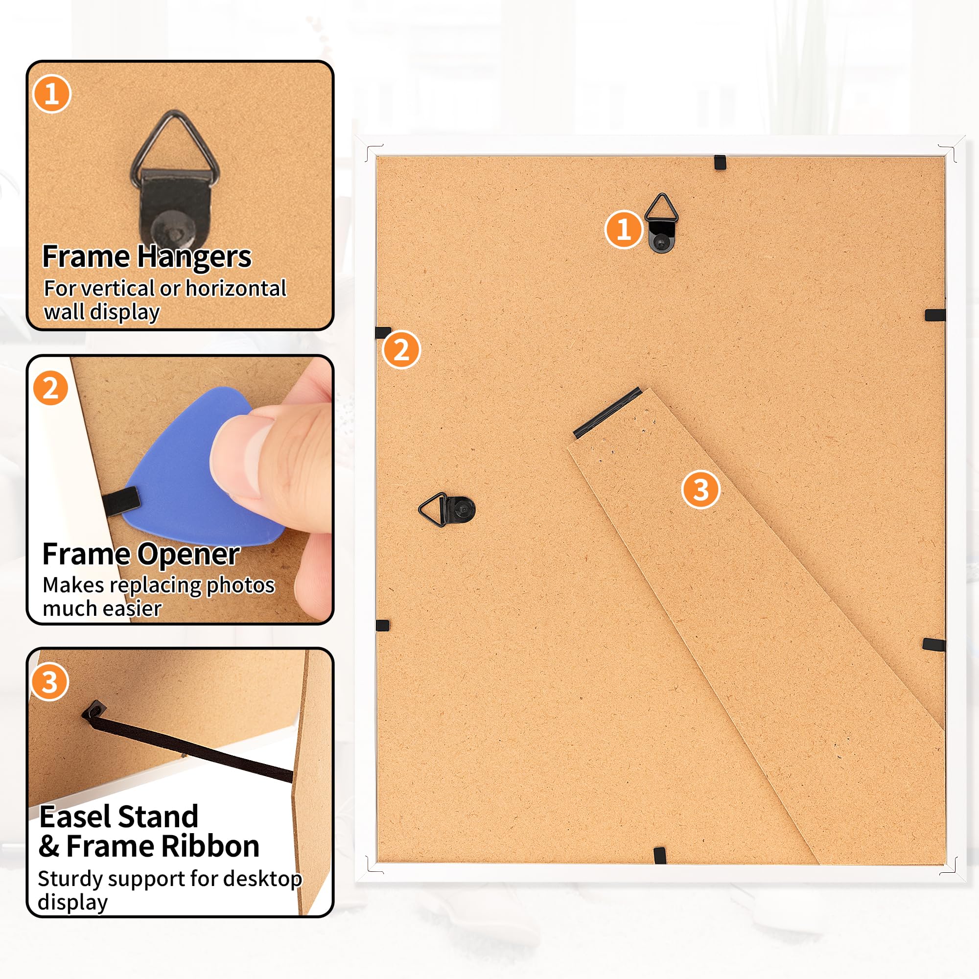 HOMERHYME 8x10 Picture Frame Set of 8, White Photo Frames for Gallery Wall Mounting or Table Display, Display Pictures 5x7 with