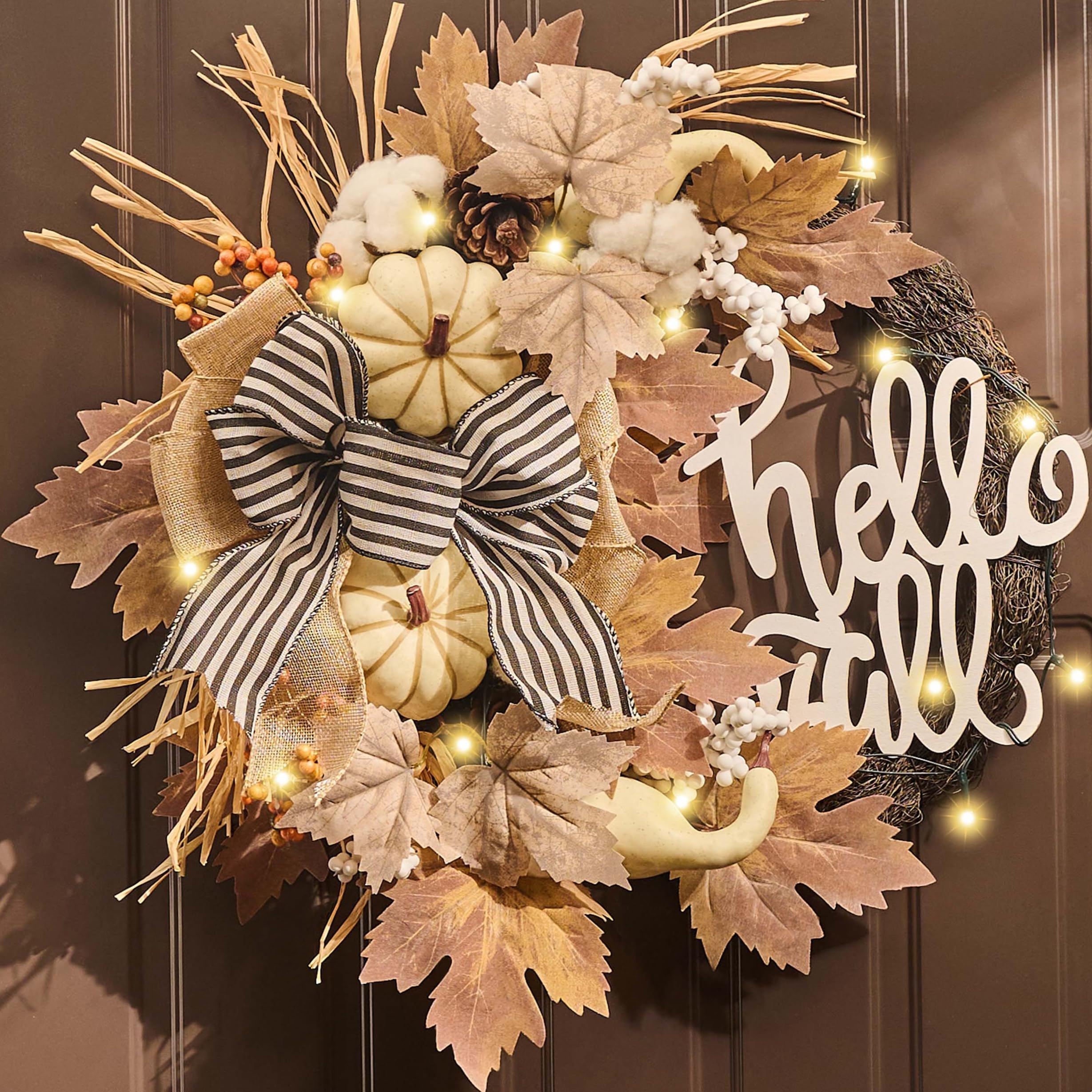 Valery Madelyn 22'' Collapsible Fall Wreaths for Front Door, Neutral Autumn Door Wreath with Lights Pumpkins Bow Outdoor Fall Ha