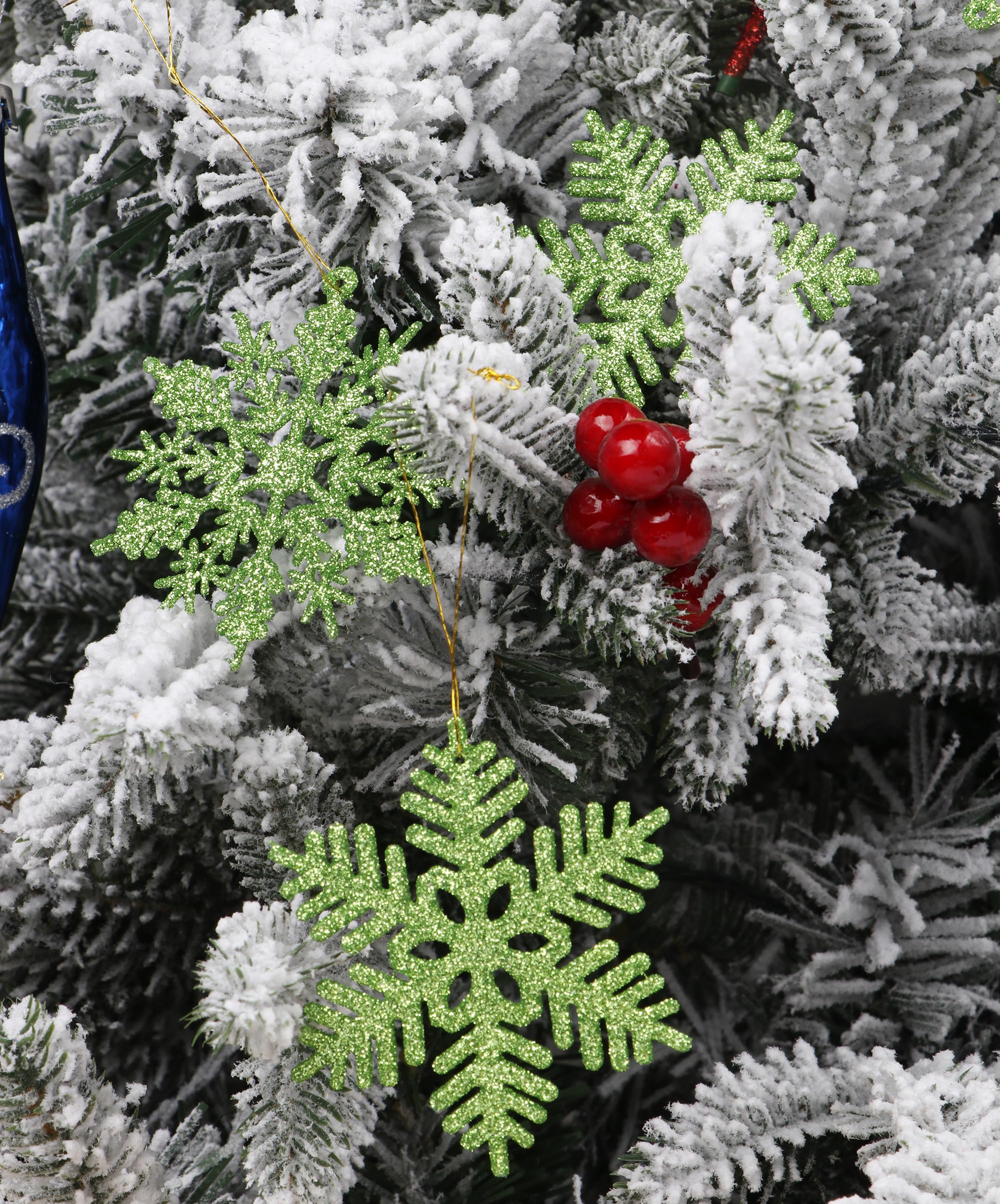 YYCRAFT 32pcs Glitter Snowflake Ornament for Christmas Tree Decoration-3 Inch,Lime Green