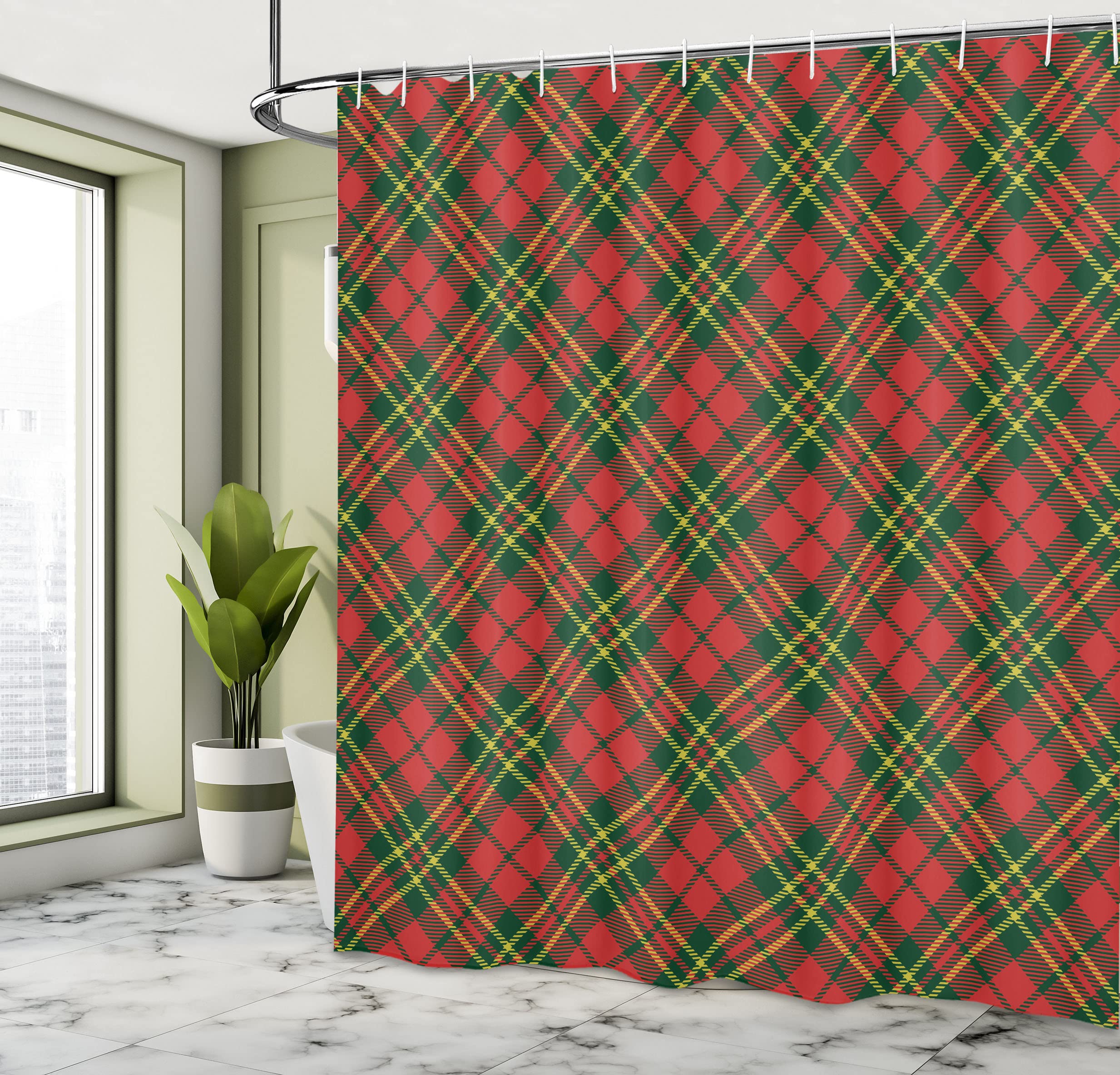 Ambesonne Checkered Shower Curtain, Irish Tartan Plaid Motifs In Christmas Colors Geometrical Stripes, Cloth Fabric Bathroom Dec