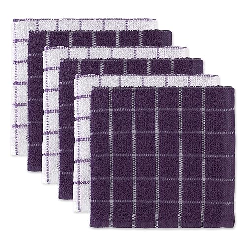 Dii Basic Terry Collection Windowpane Dishcloth Set, 12X12, Eggplant, 6 Piece