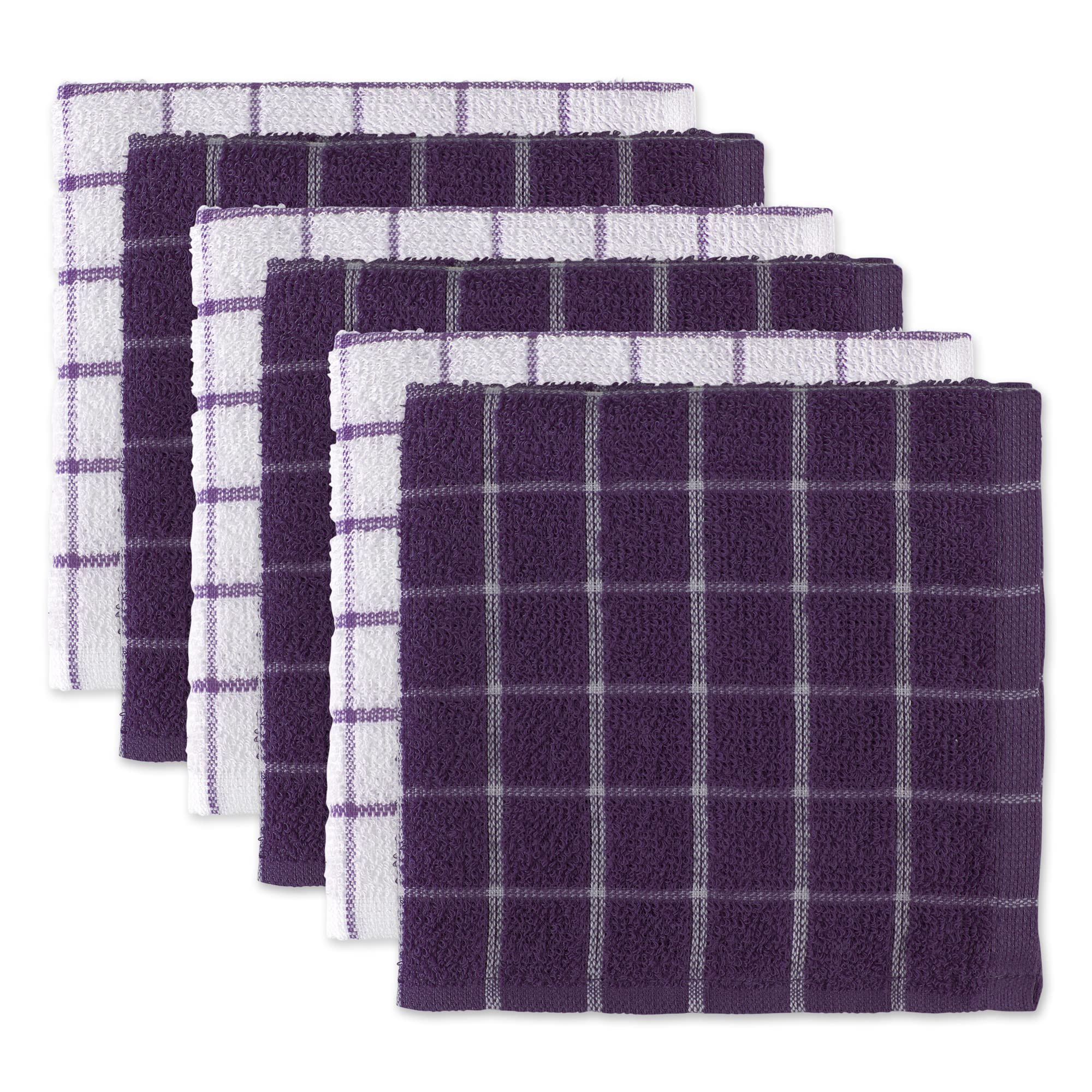 Dii Basic Terry Collection Windowpane Dishcloth Set, 12X12, Eggplant, 6 Piece