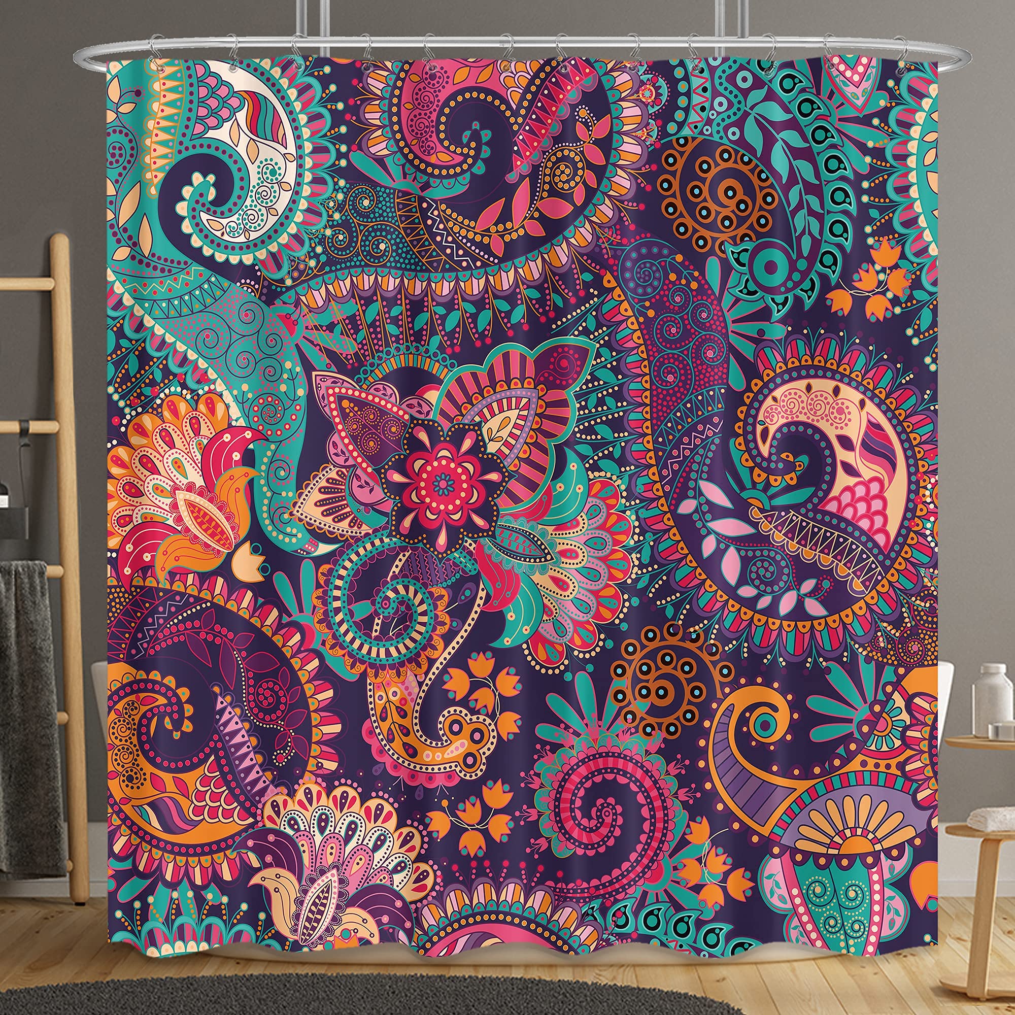 Riyidecor Bohemian Mandala Indian Shower Curtain Paisley Purple Floral Boho Yoga Abstract Tribal Colorful Bathroom Home Decor Se