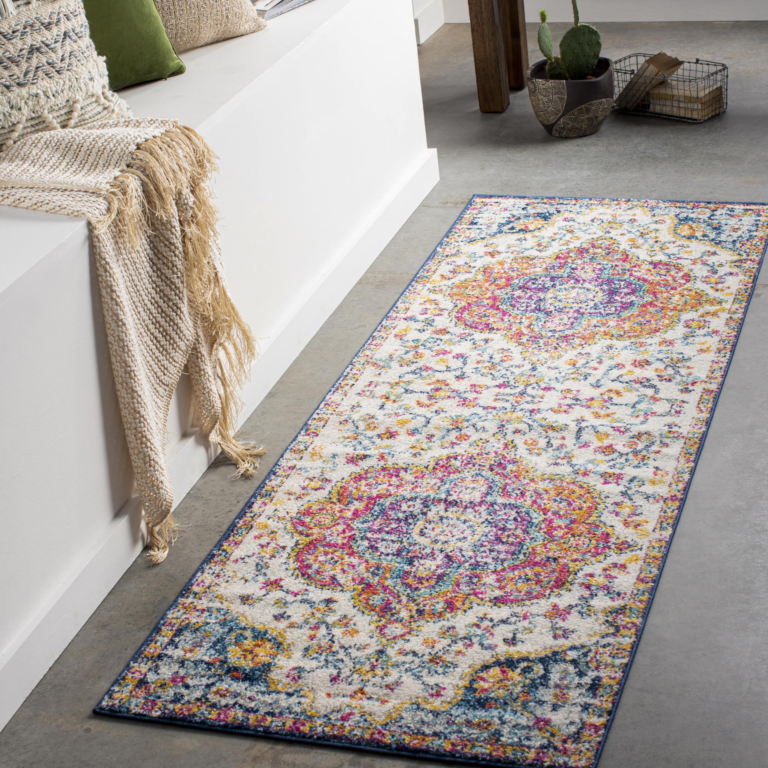 Livabliss Area Rugs - 3x10 Romaine Vintage Boho Fuchsia Mustard Blue Runner Area Rug for Living Room Bedroom - Floral Medallion