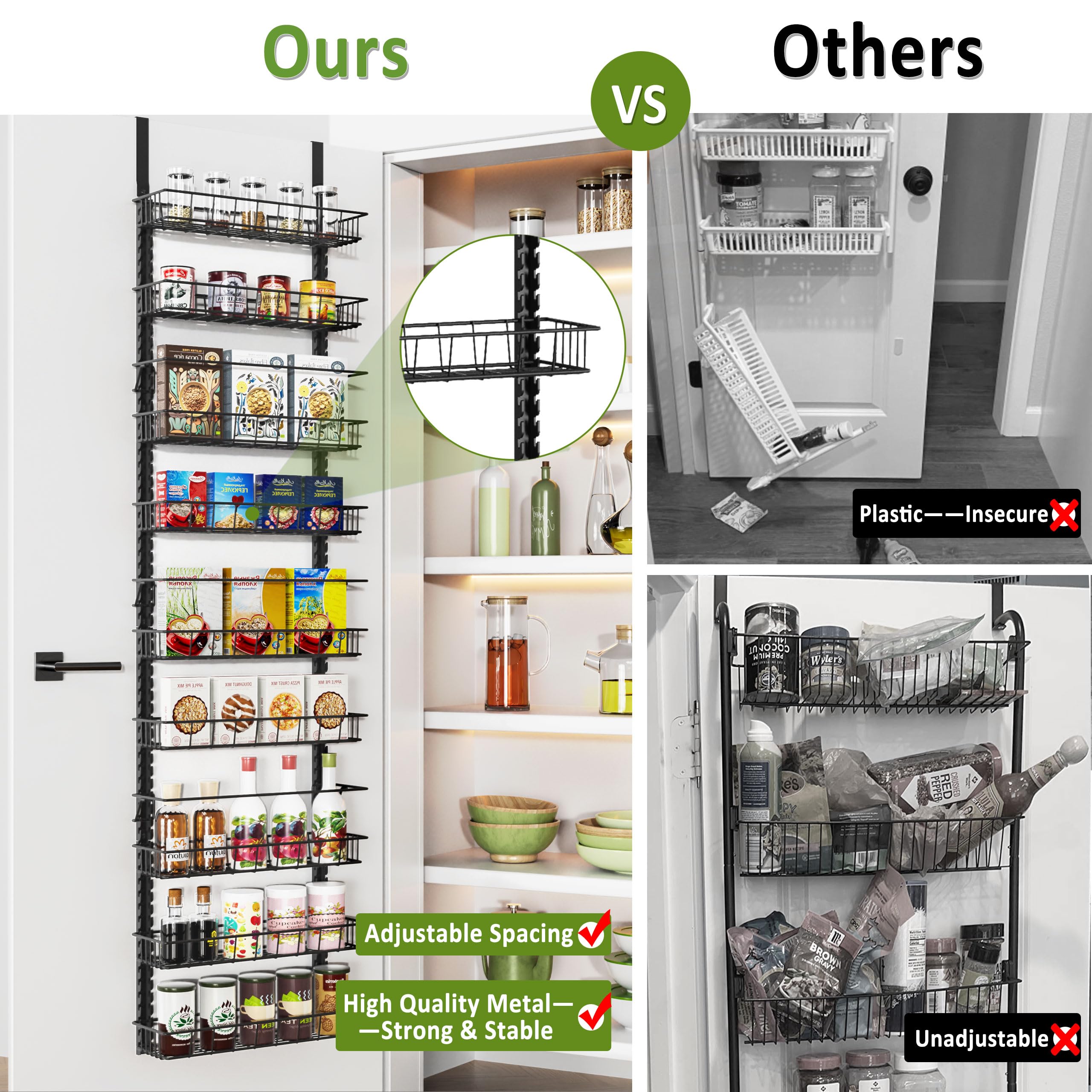 Churboro Over the Door Pantry Organizer Rack with 9 Adjustable Baskets, 9 Tiers Dual-use Hanging or Wall Mount Spice Rack Organi