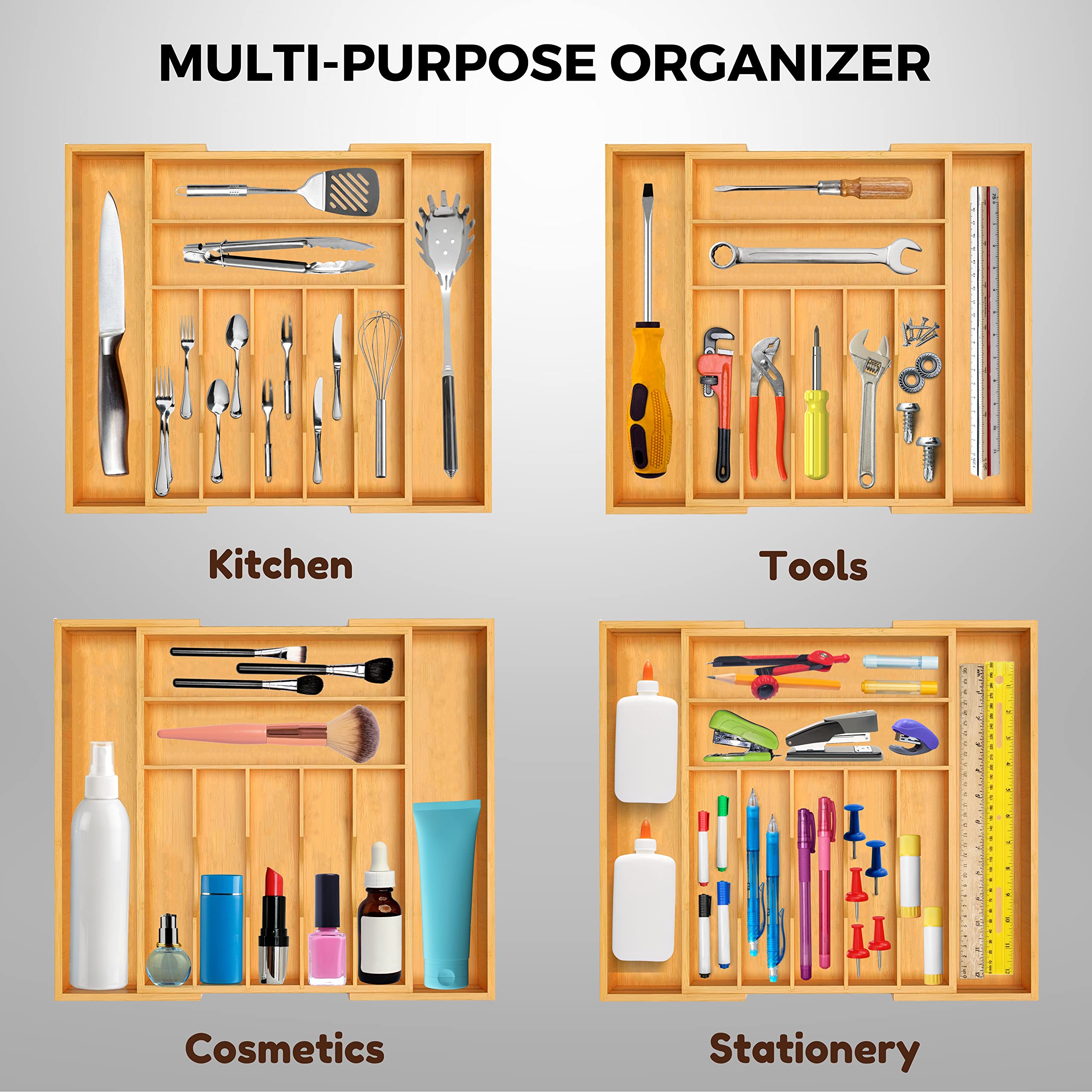Bamboo Kitchen Utensil Organizer, Expandable Silverware Organizer For Kitchen Drawers, Premium Wood Drawer Organizers, Silverwar
