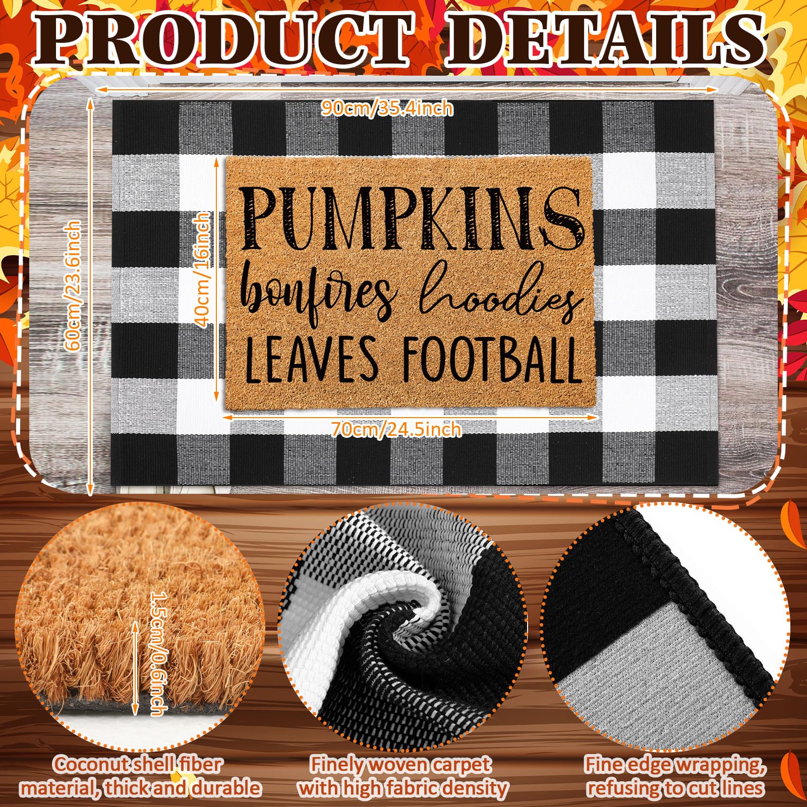 Duraaamo 2 Pcs Fall Thanksgiving Natural Coir Welcome Doormat Outdoor Pumpkins Bonfires Hoodies Football Leaves Mat Layered Buff