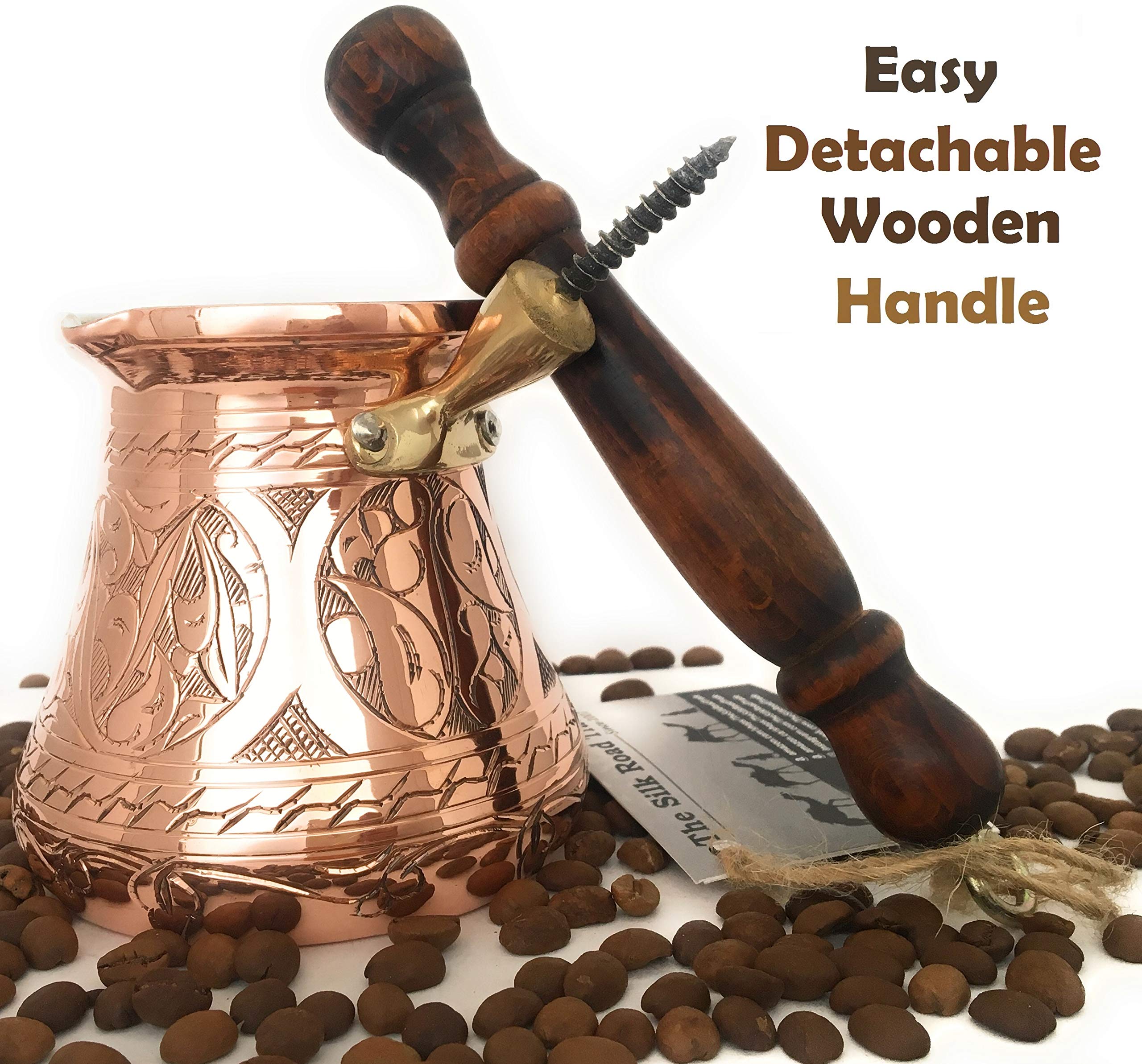Pc Series (Large - 14 Fl Oz) - Thickest Solid Copper Engraved Turkish Greek Arabic Coffee Pot Wooden Handle Heavy Duty, Stovetop