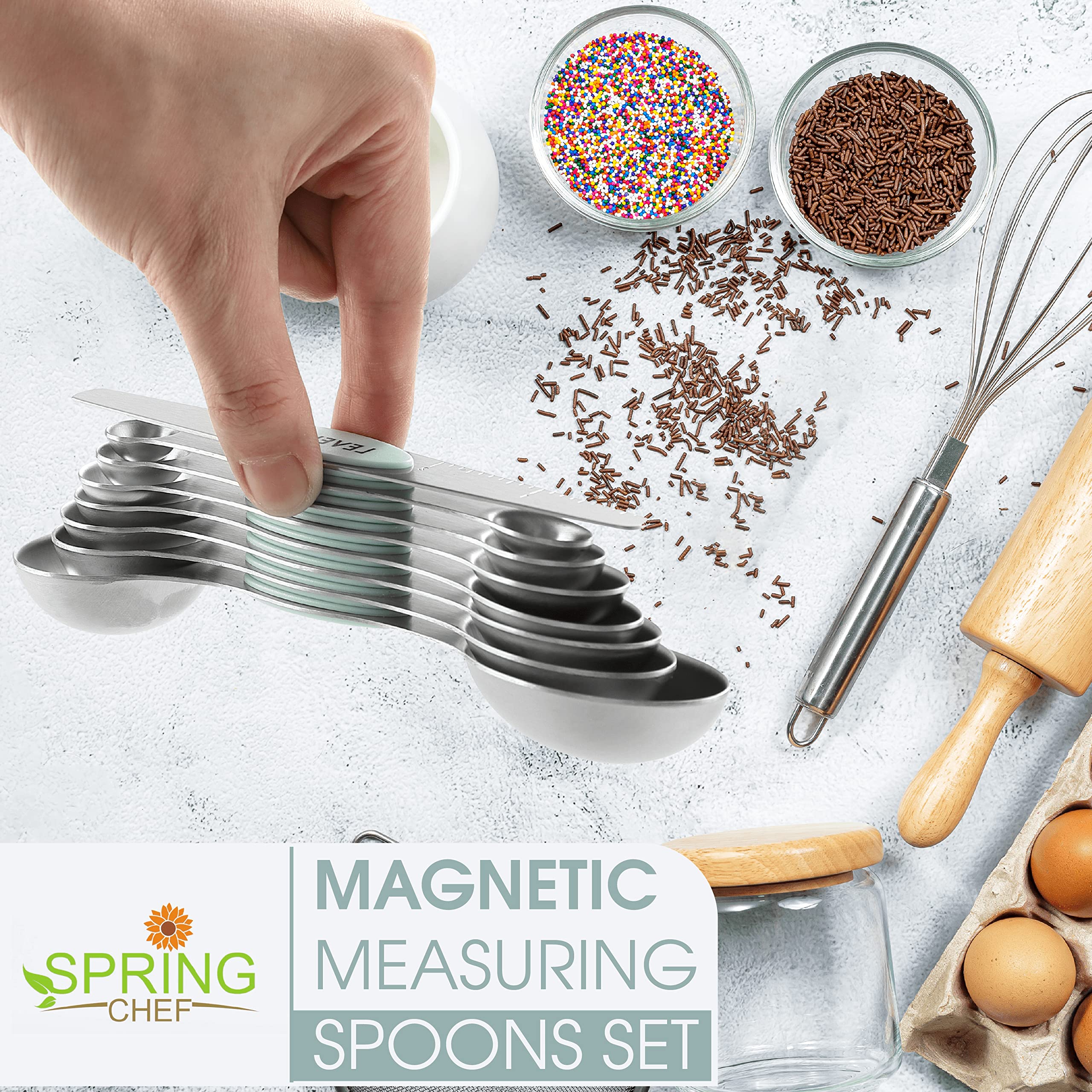 Spring Chef Stainless Steel Magnetic Measuring Spoons Set Of 8 With Leveler, Metal Teaspoon & Tablespoon Measuring Spoons, Fits