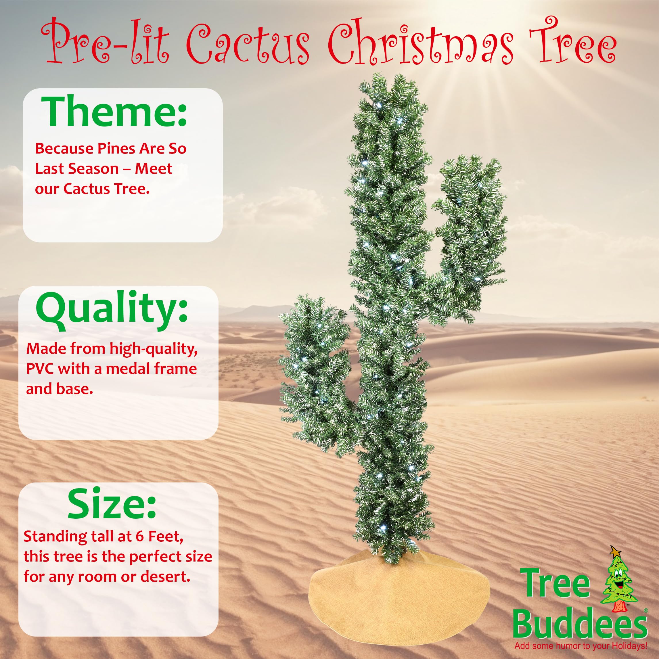 Tree Buddees Pre-lit LED Lights Cactus Christmas Tree 6 Foot Tall (White LED Lights)