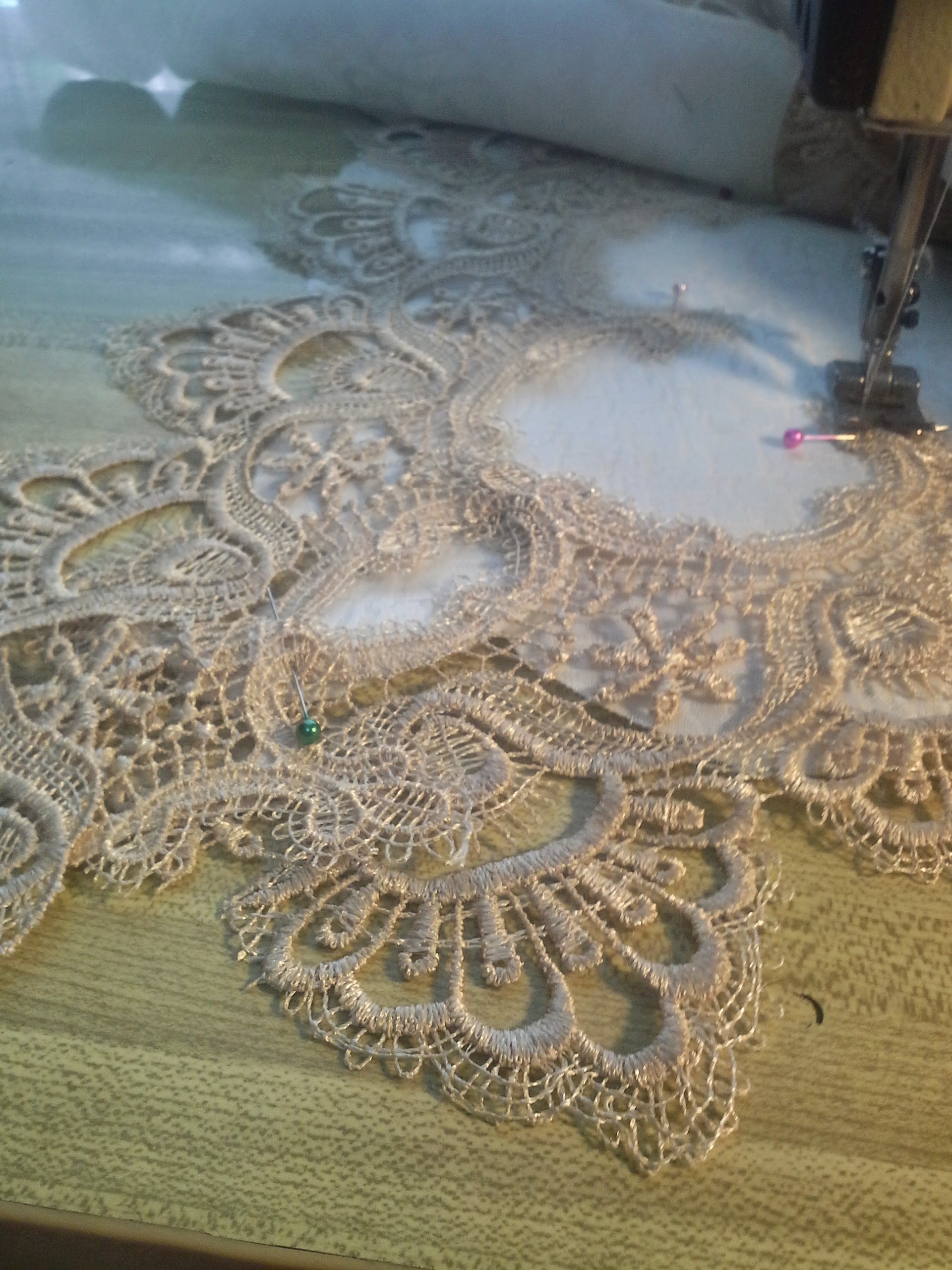 Doily Boutique Place Mat Or Doily European Gold Lace And Antique White Fabric, Size 27 X 13 Inches