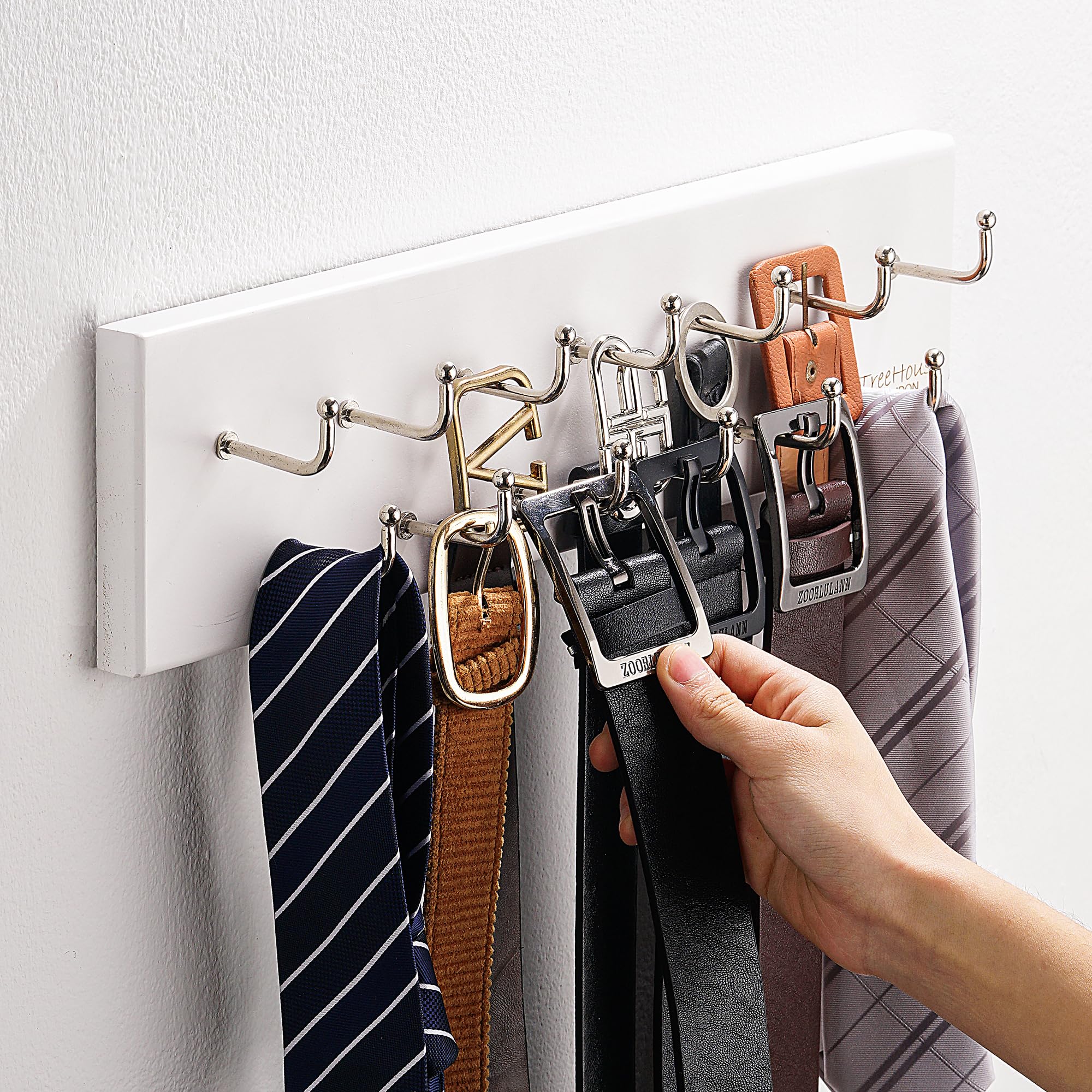 Treehouse Belt Organizer Rack, Holds Over 28 Large Belts, Sturdy Metal & Solid Wood Storage Holder For Closet, Versatile, Wall M