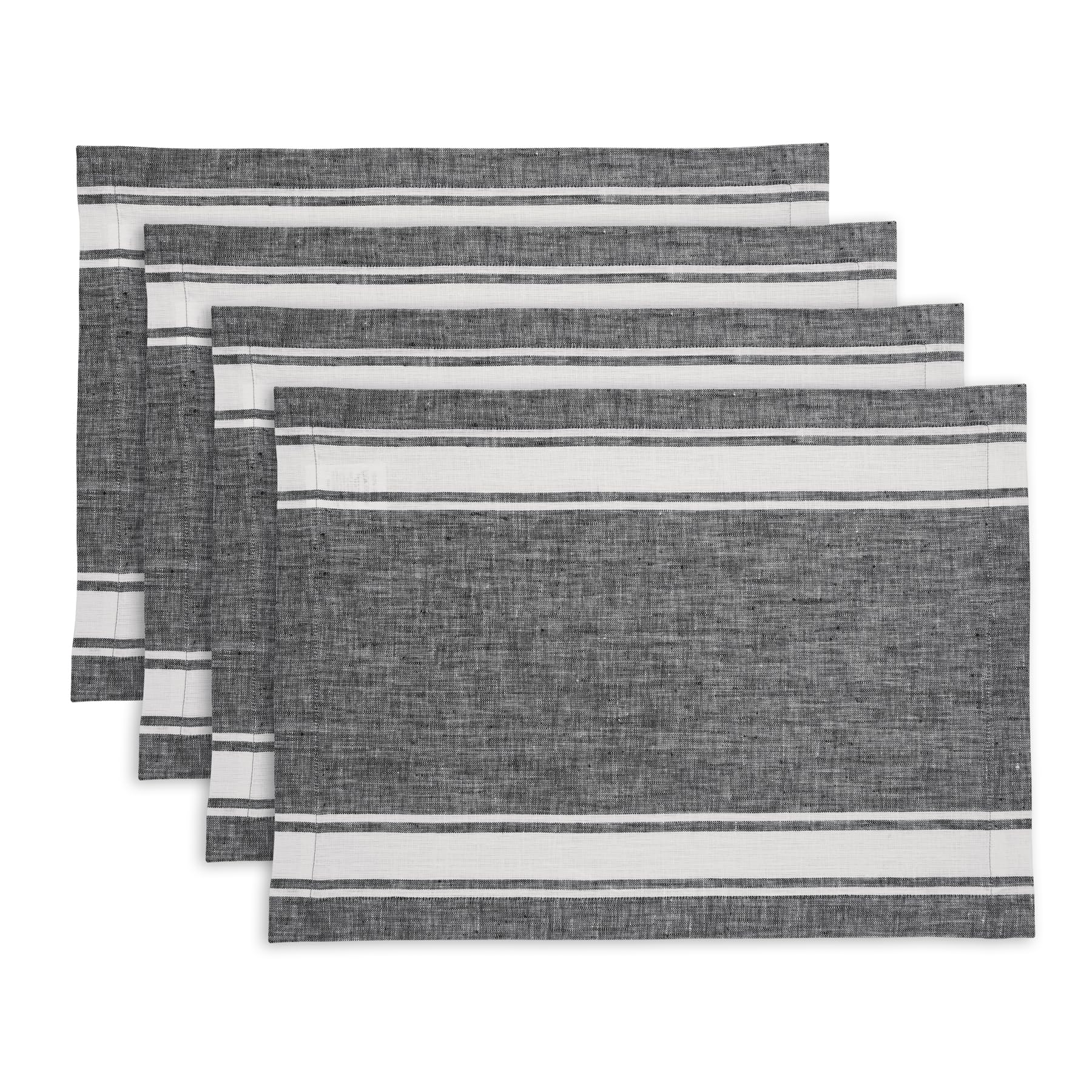 Solino Home Stripe Linen Placemats 19'' L X 14'' W Inch - 100% Pure Linen Farmhouse Stripe Black And White Cloth Placemats Set O