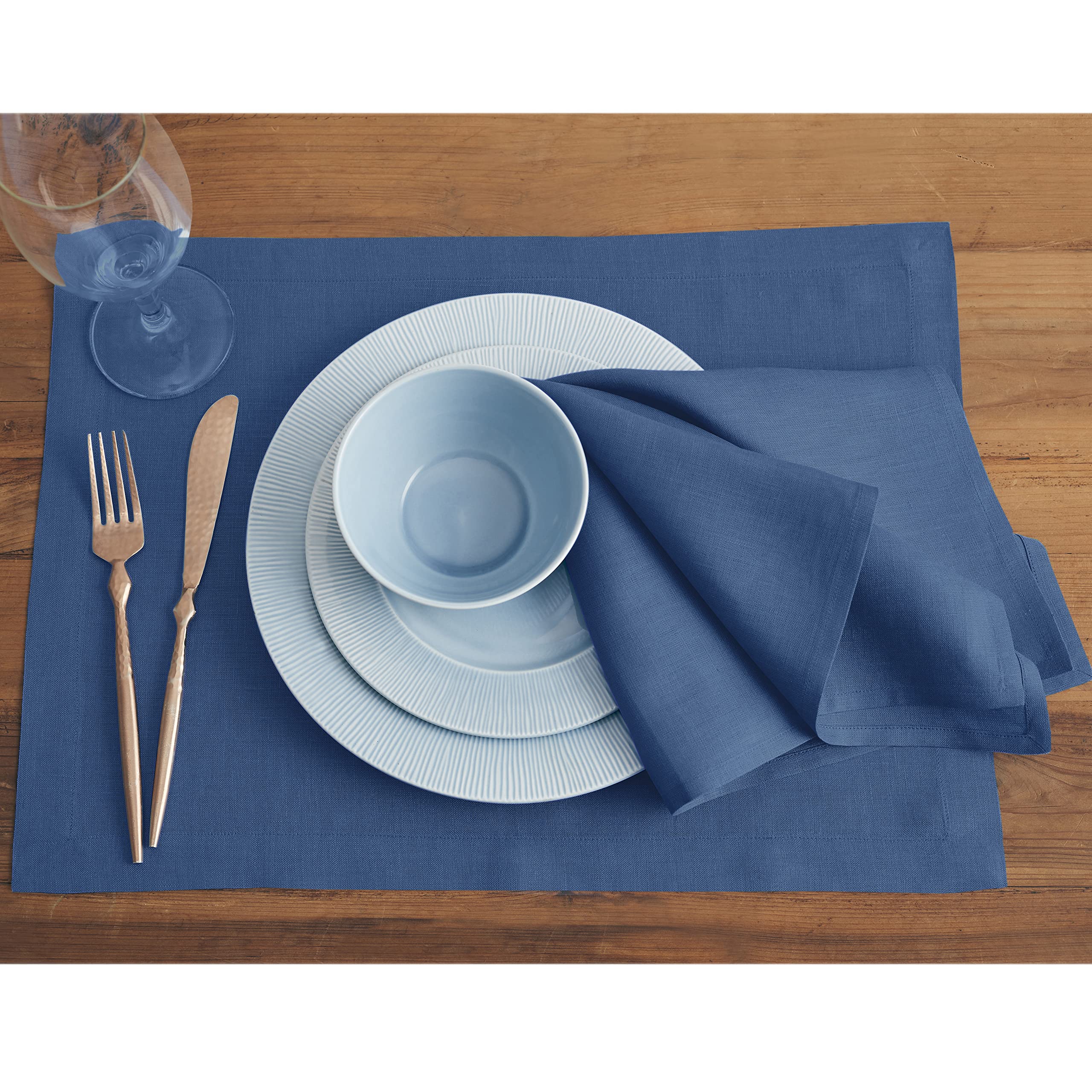 Solino Home Linen Placemats 19'' L X 14'' W Inch - 100% Pure Linen Indigo Blue Cloth Placemats Set Of 4 - Fete, Washable Fabric