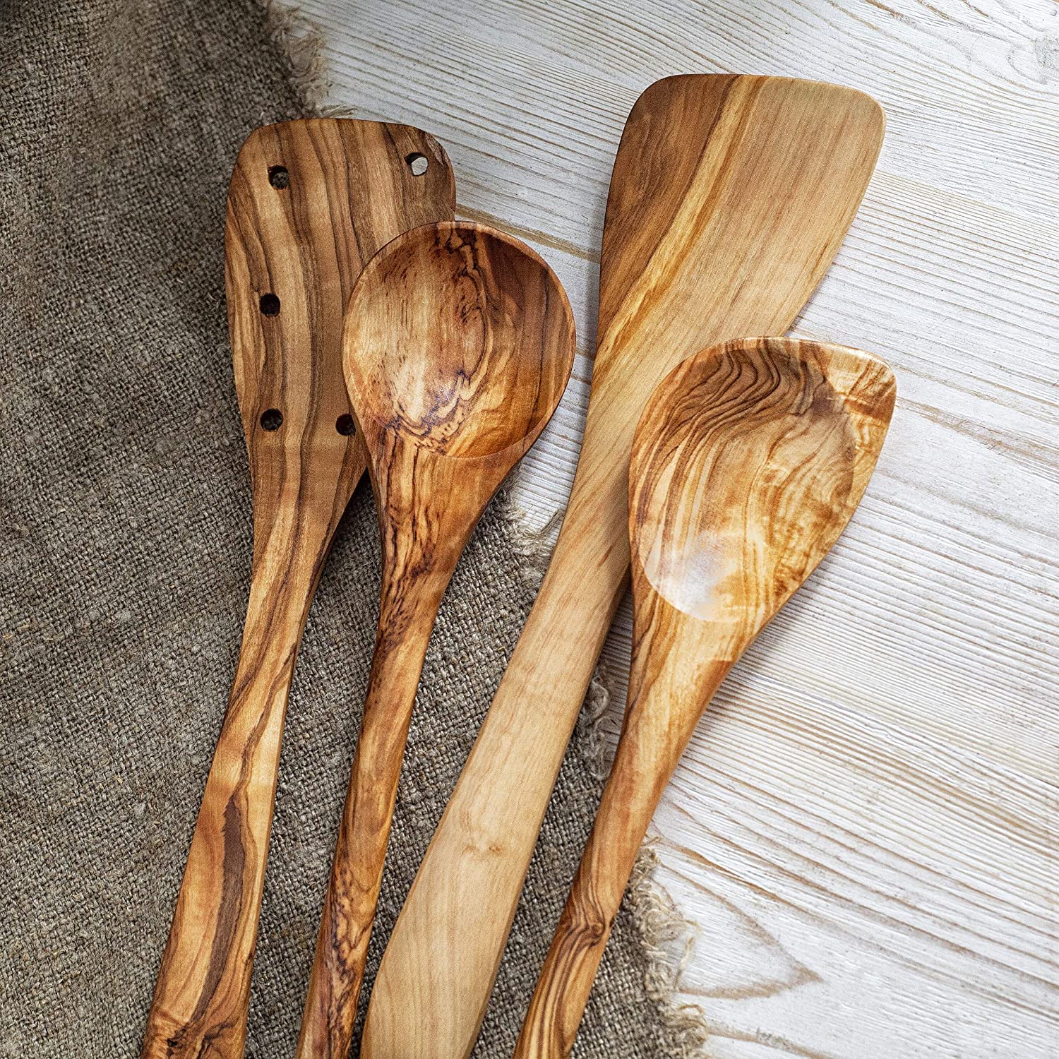 Forest Decor Olive Wood Utensils Set For Cooking - 4Pcs Non-Stick Handcrafted Wooden Spatulas For Cookware - Non Scratch Natural