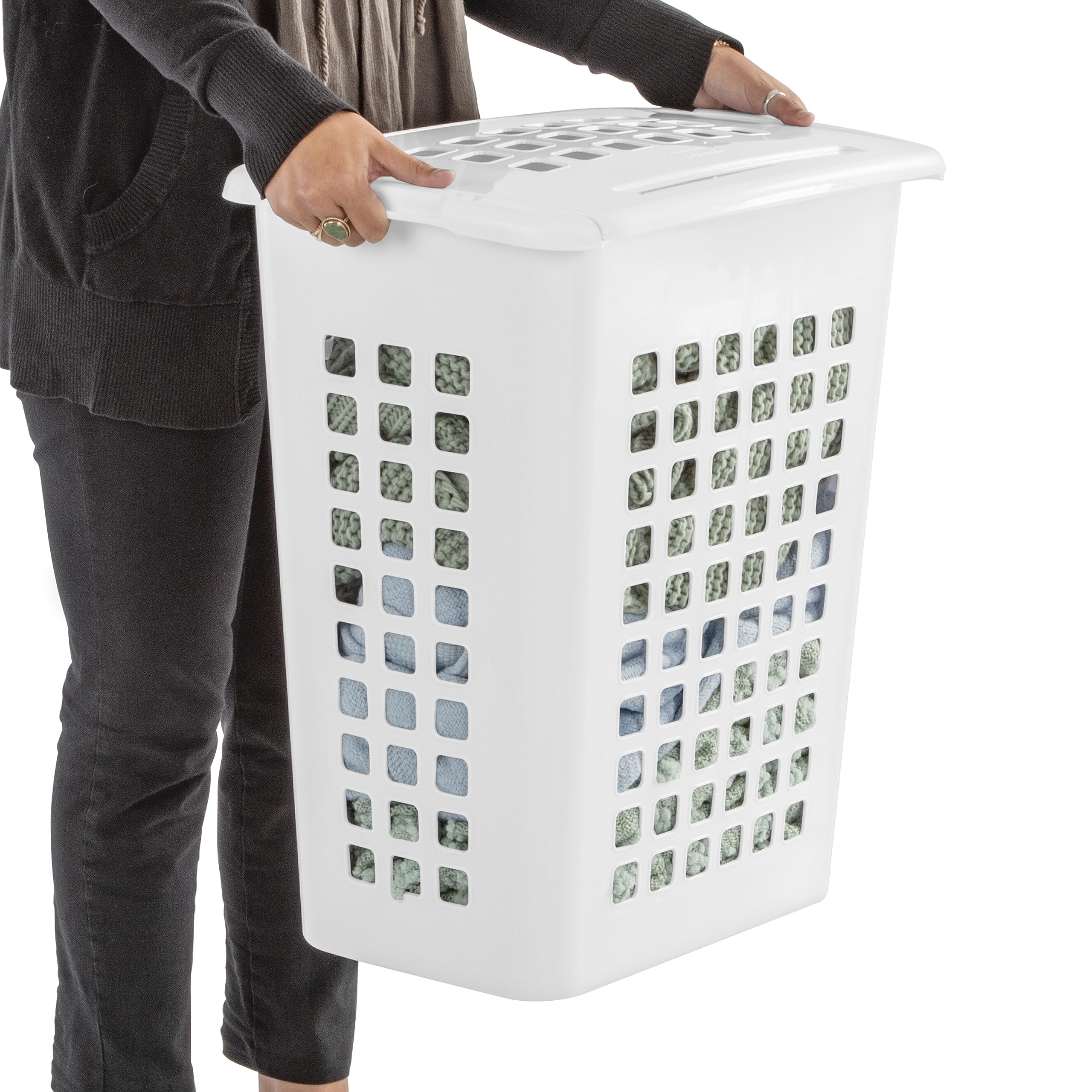 Sterilite Rectangular Lifttop Laundry Hamper With Lid, Handles To Easily Carry Clothes Between The Laundry Room And Bedroom, Pla