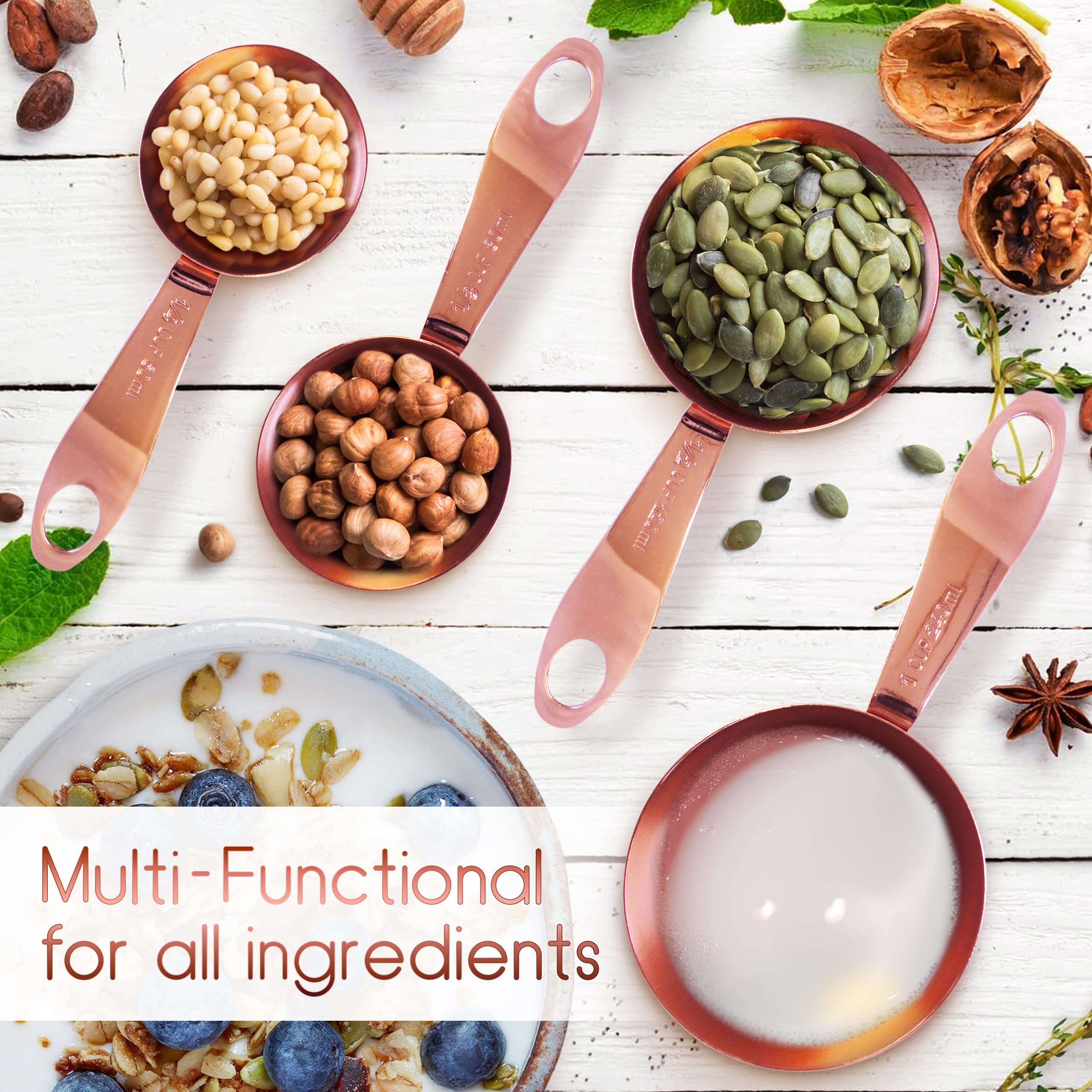 Agrus Measuring Cups And Spoons Set Of 9, Utensils For Dry And Liquid Ingredients, Copper Kitchen Accessories, Rose Copper Decor