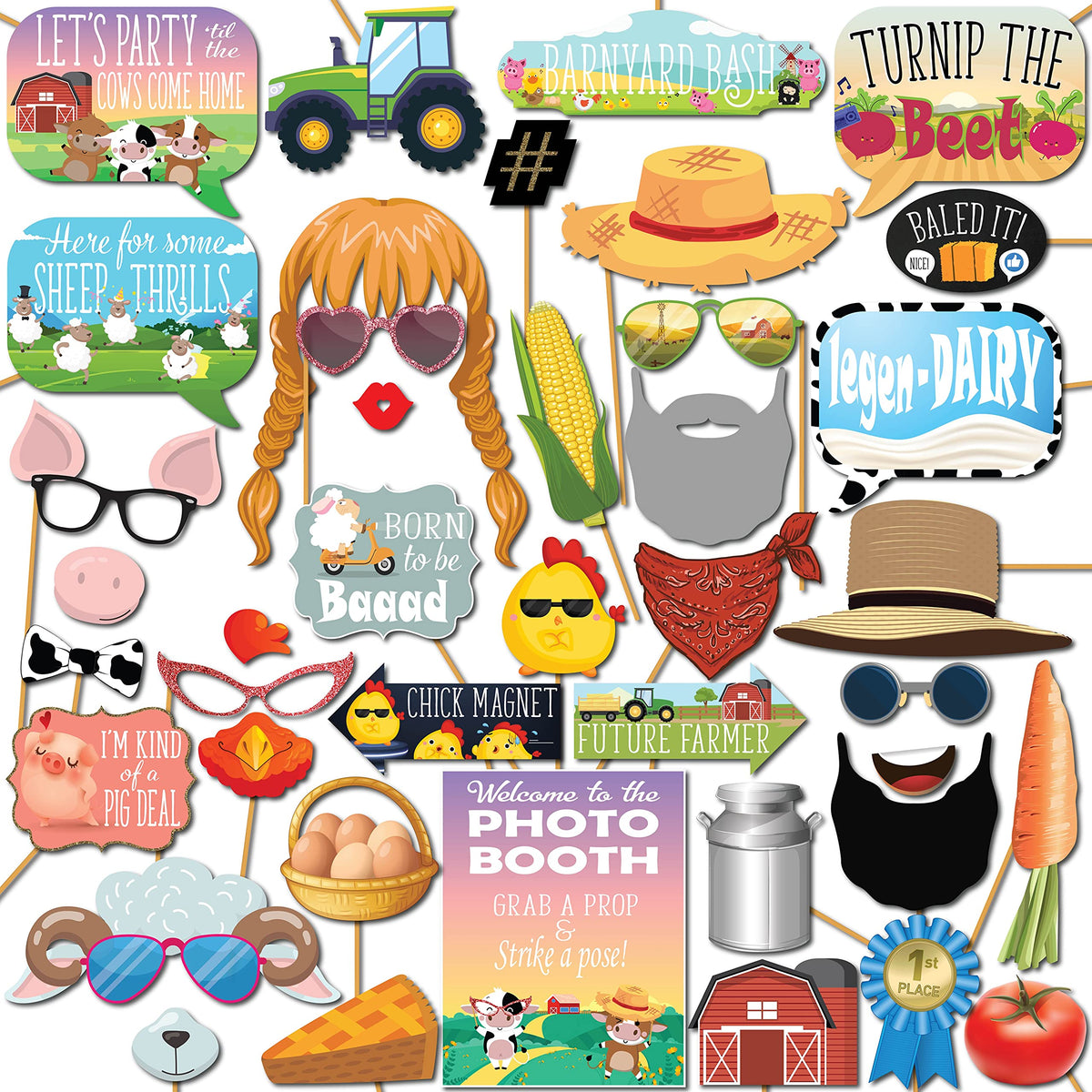 Farm Animal Photo Booth Props - 41-Pc Photo Booth Kit With 8 X 10-Inch Sign, 60 Adhesive Pads, 45 Sticks - Cowboy And Farm Party