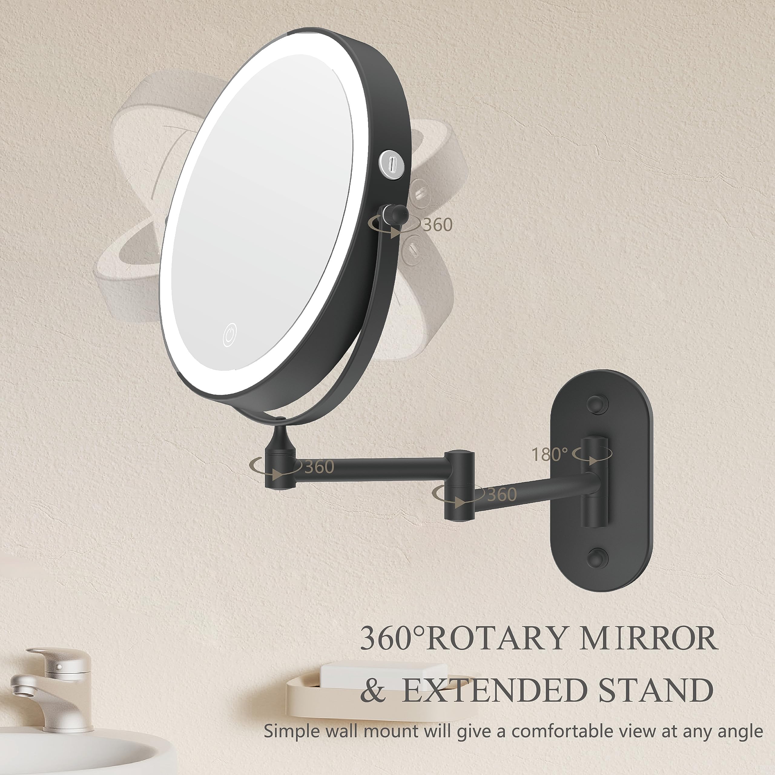 Miroamz Rechargeable Wall Mounted Lighted Makeup Vanity Mirror 8 Inch Double Sided 1X 10X Magnifying Bathroom Mirror, 3 Color Li