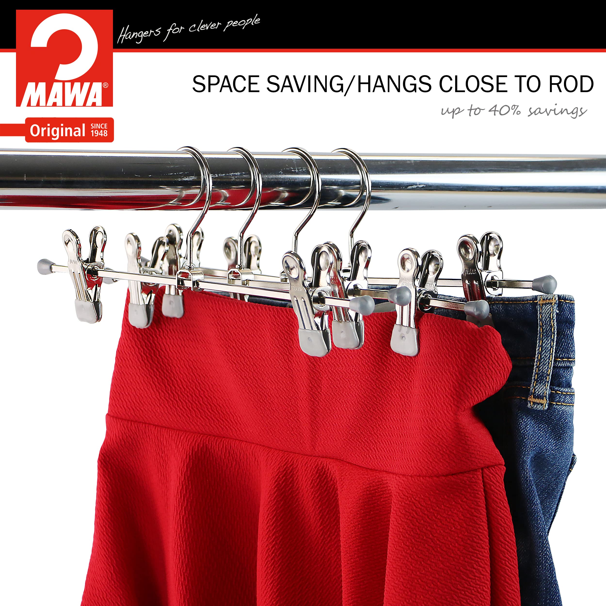 Mawa By Reston Lloyd Non-Slip Space-Saving Clothes Hanger For Pants & Skirts With Two Non-Slip Clips, Style K/30D, 12-Inch, Set