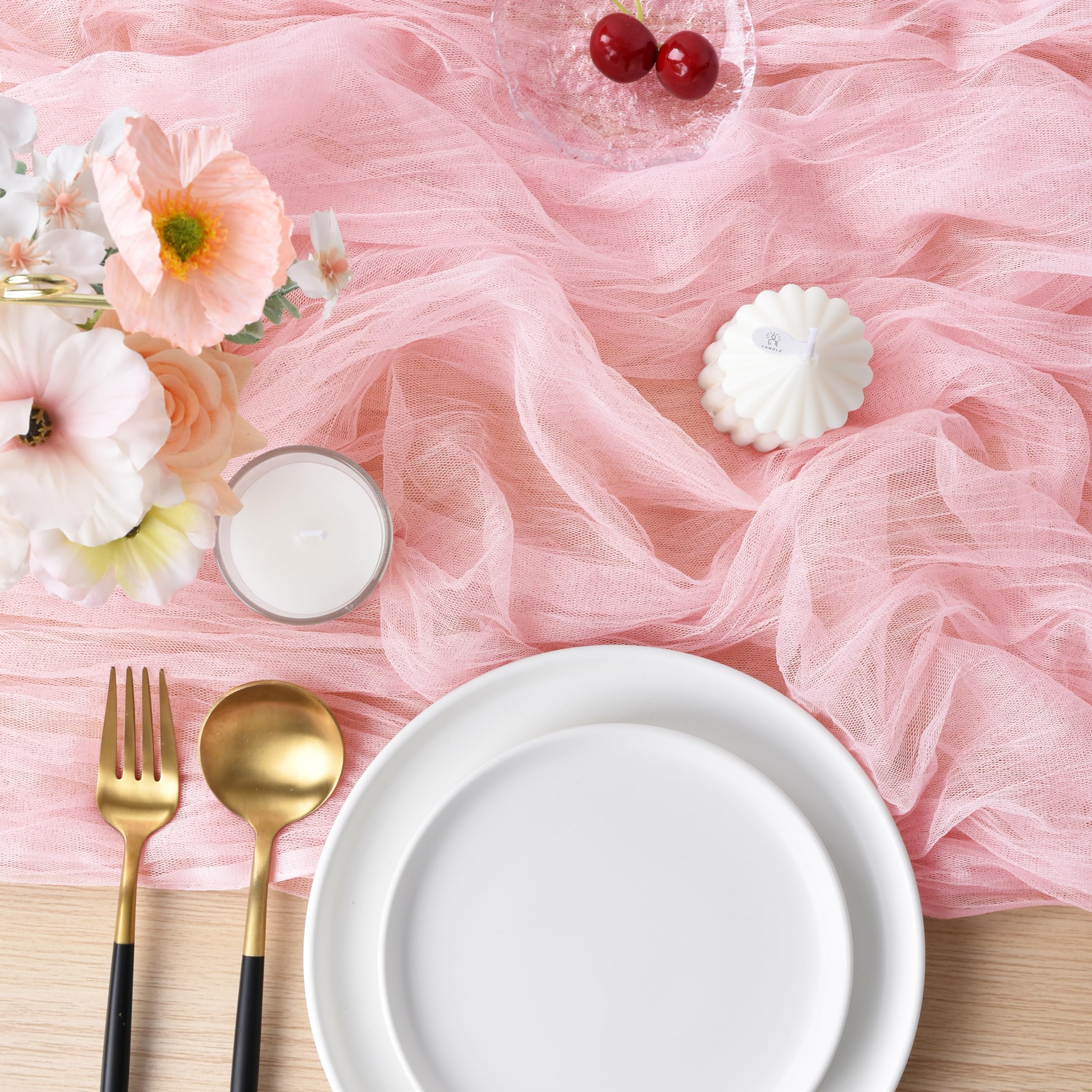 Joanlody Blushing Pink Cheesecloth Table Runner Fall Thanksgiving 10Ft Rustic Gauze Boho Cheese Cloth Table Runner for Wedding B