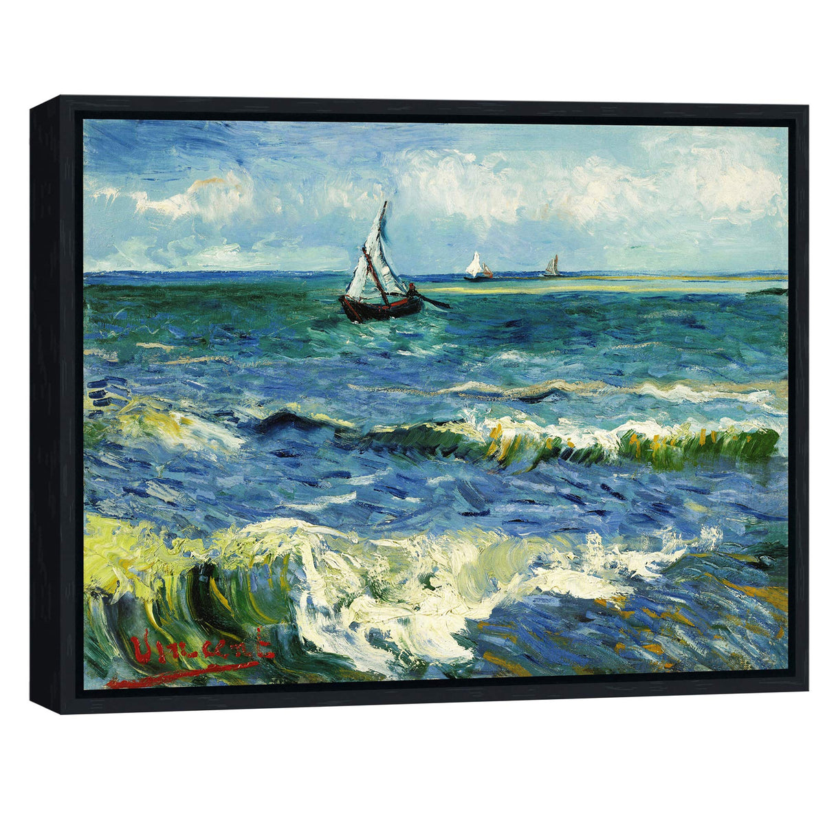 Wieco Art Framed Wall Art Canvas Prints Seascape At Saintes Maries By Vincent Van Gogh Modern Giclee Canvas Prints Sea Pictures